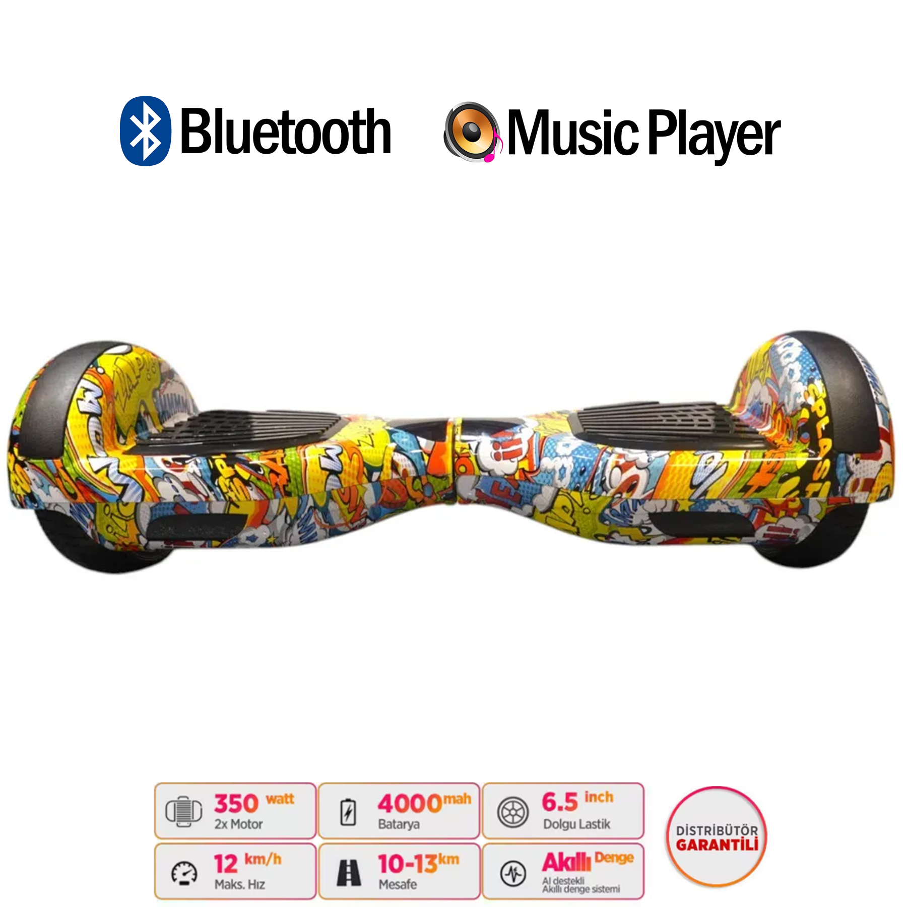 Renkli grafiti tasarımlı hoverboard. Bluetooth ve müzik çalar simgeleri.