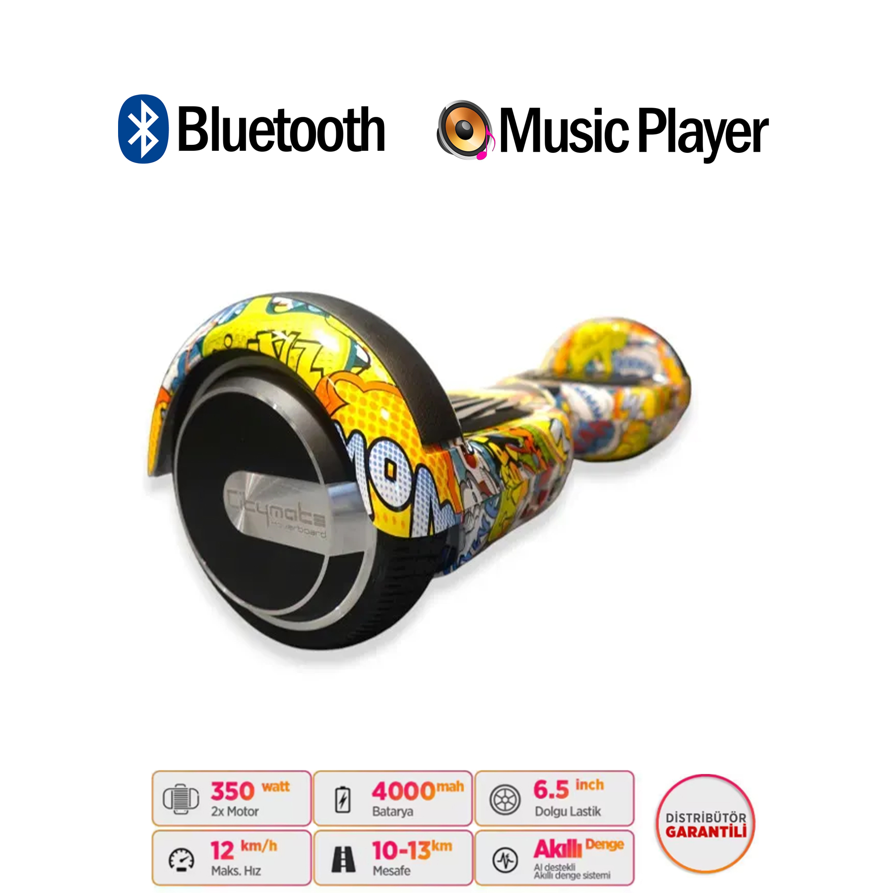 Çizgi roman baskılı, Bluetooth ve müzik çalarlı hoverboard.