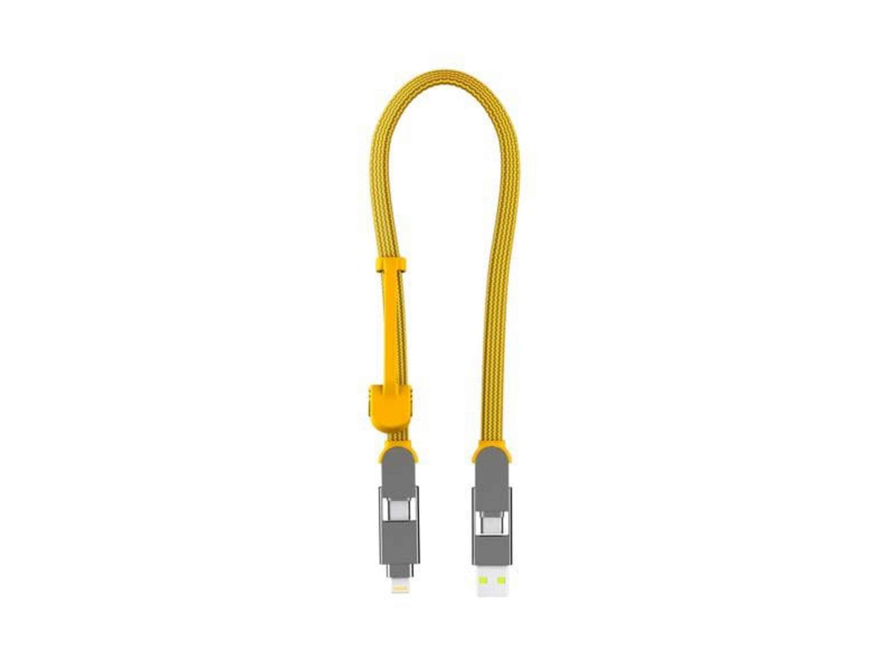 Ein gelbes USB-C-Ladekabel mit grauen Steckern.