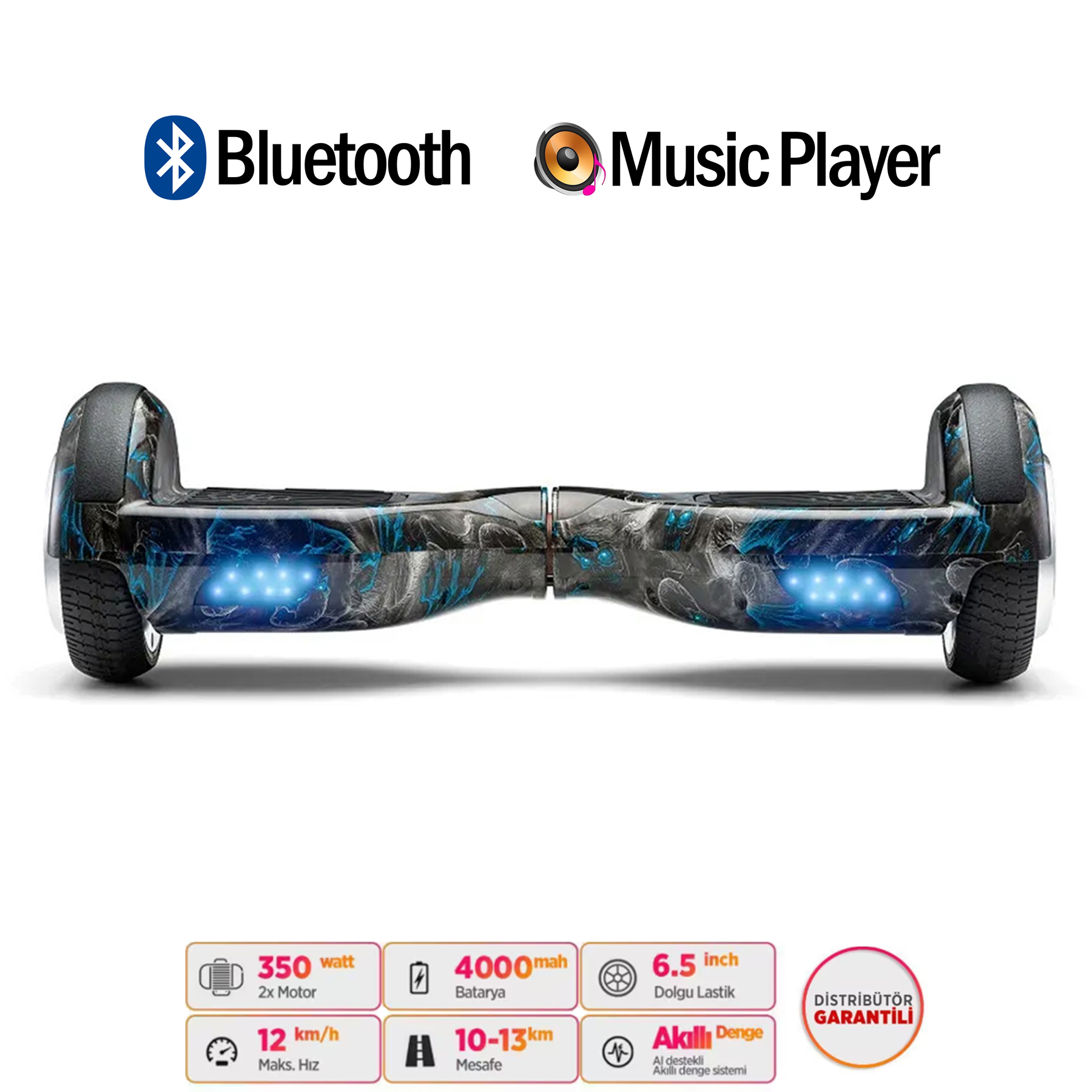 Mavi desenli hoverboard, Bluetooth ve müzik çalar simgeleri, teknik özellikler.