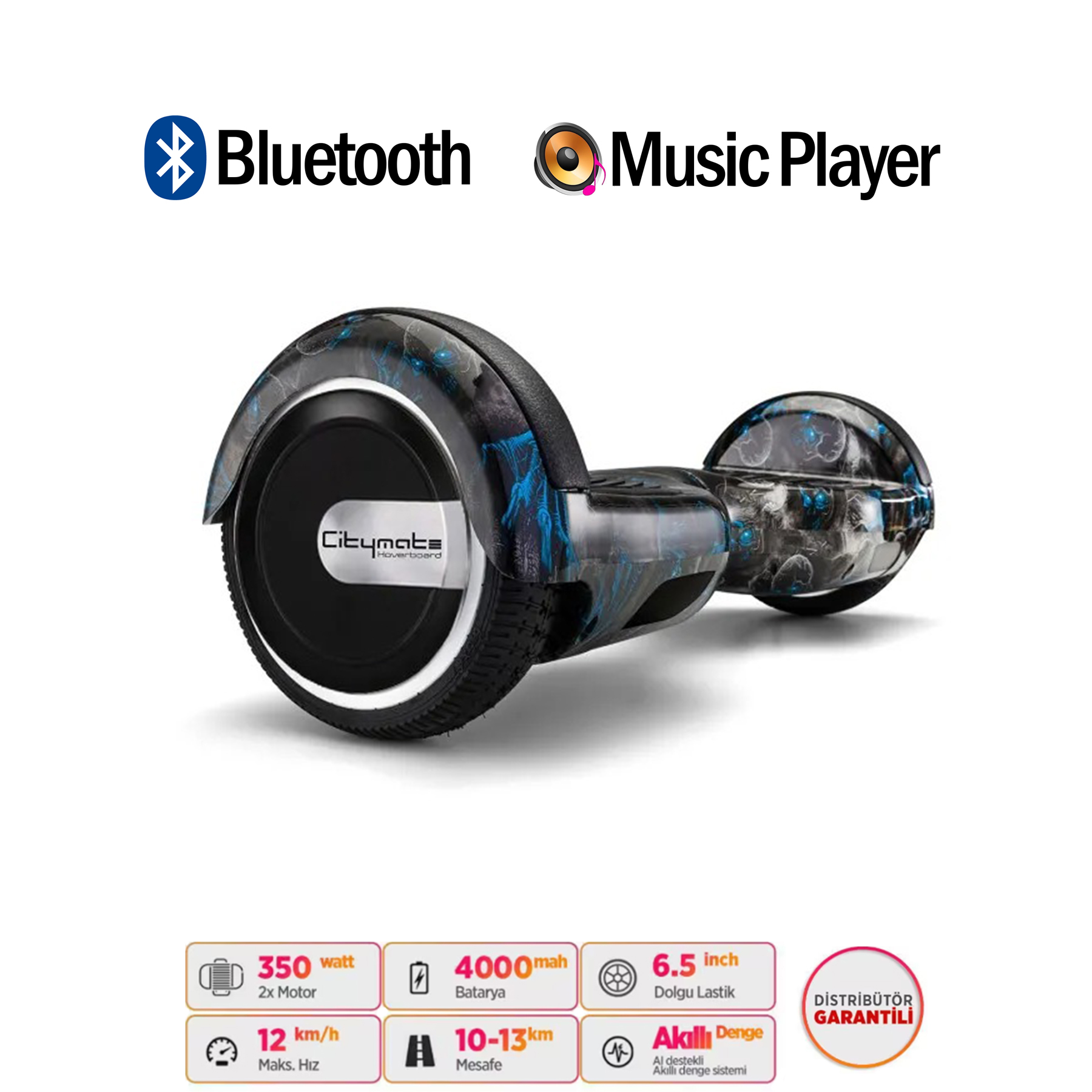 Mavi desenli siyah hoverboard, Bluetooth ve Müzik Çalar simgeleriyle.