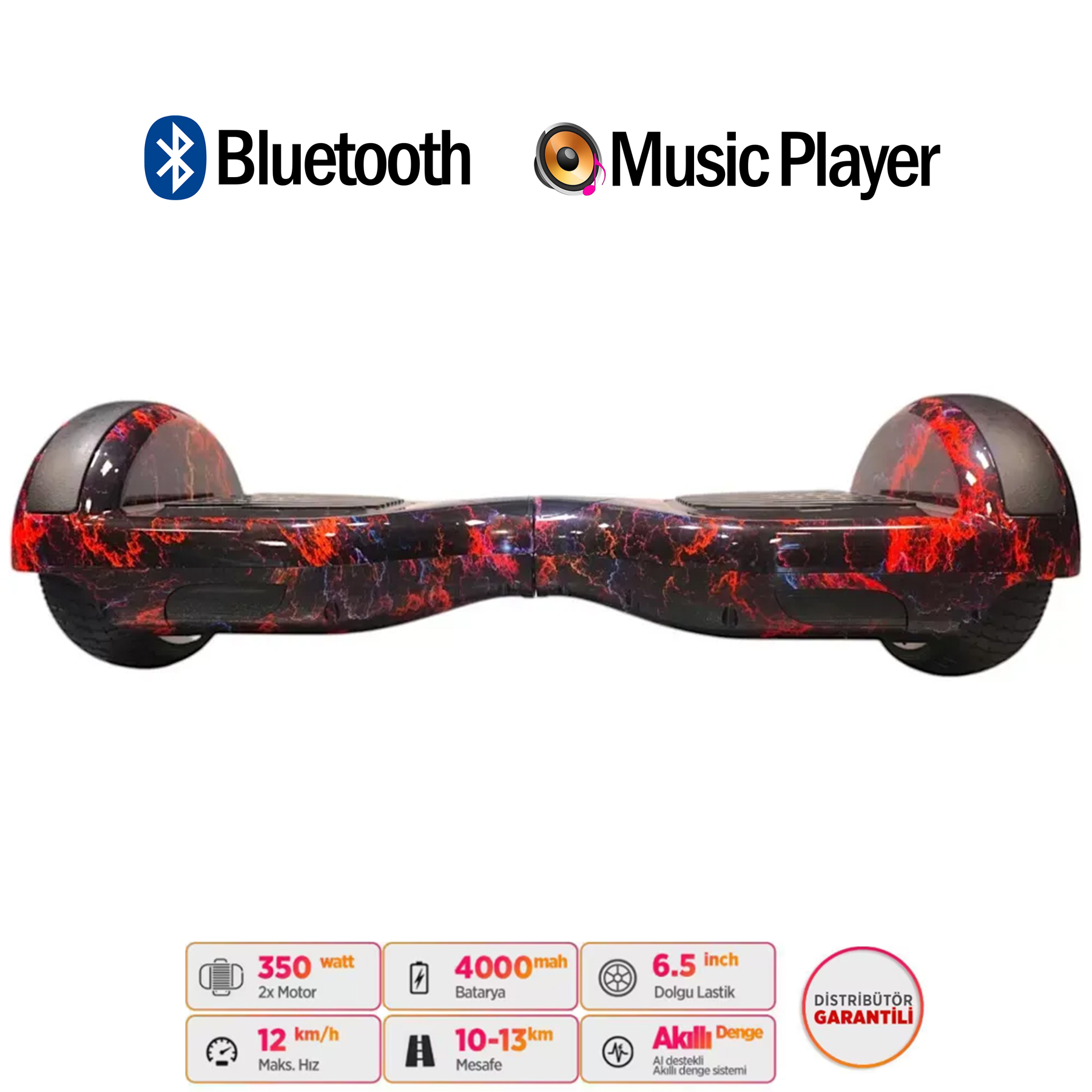 Kırmızı mermer desenli hoverboard, Bluetooth ve müzik çalar simgesi.