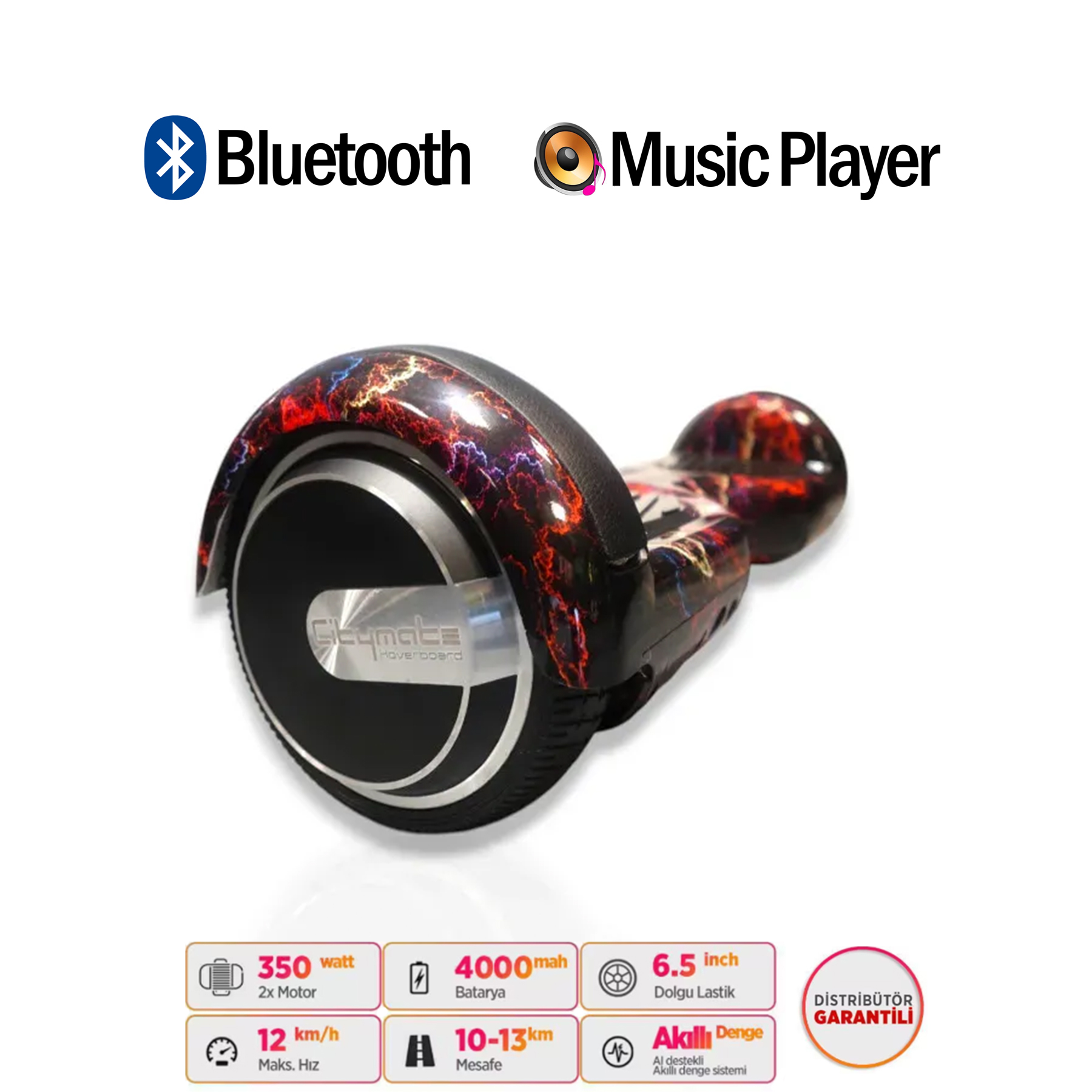 Yıldırım desenli hoverboard, Bluetooth ve müzik çalar özellikli.