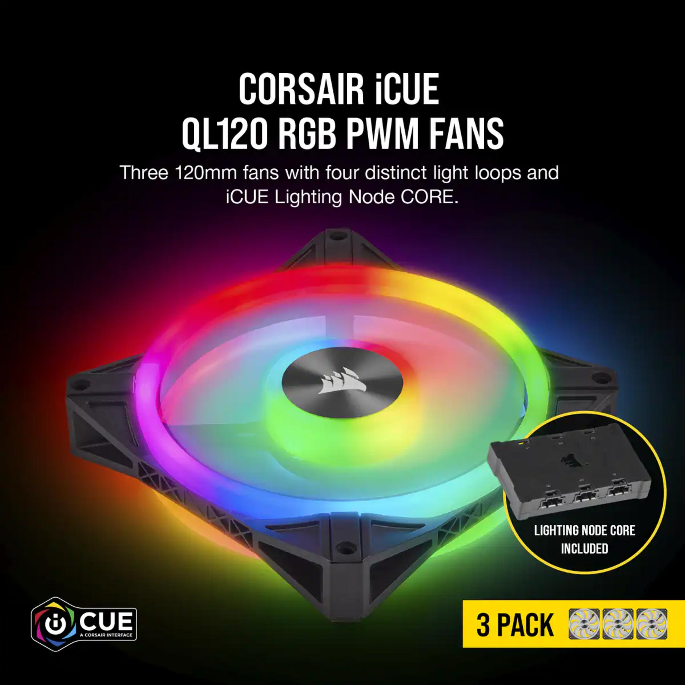 Una ventola Corsair QL120 RGB PWM con quattro anelli luminosi brilla di molti colori.