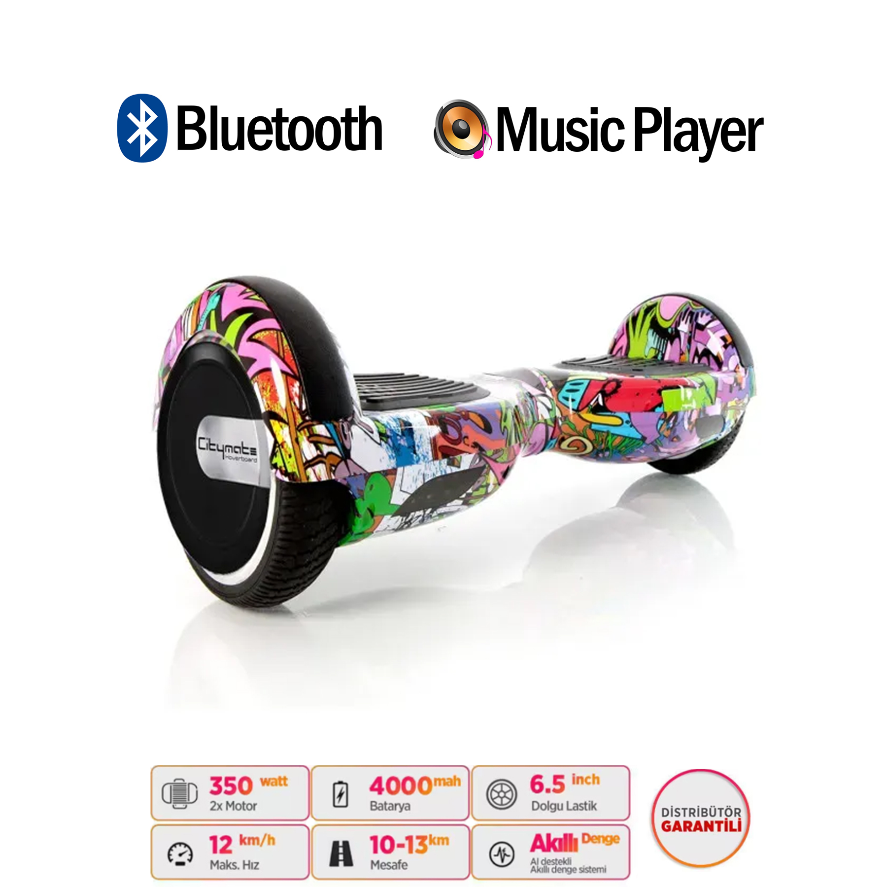 Bluetooth ve müzik çalar özellikli, rengarenk hoverboard.