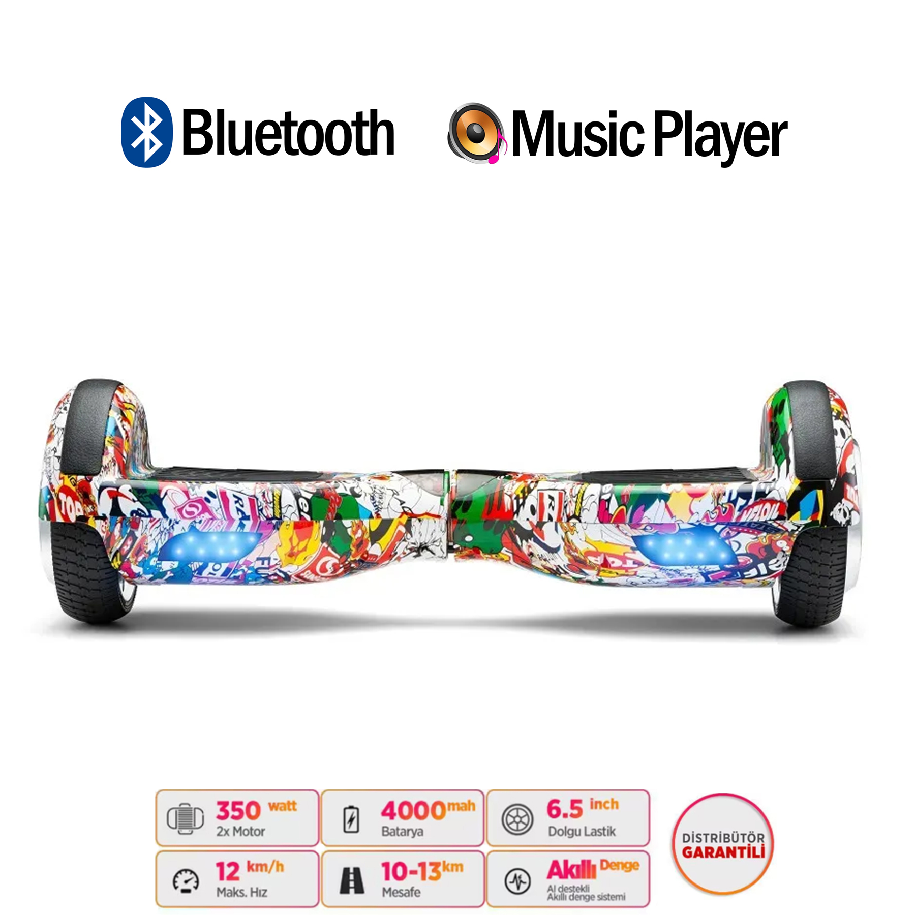 Bluetooth ve müzik çalar özellikli, rengarenk hoverboard.