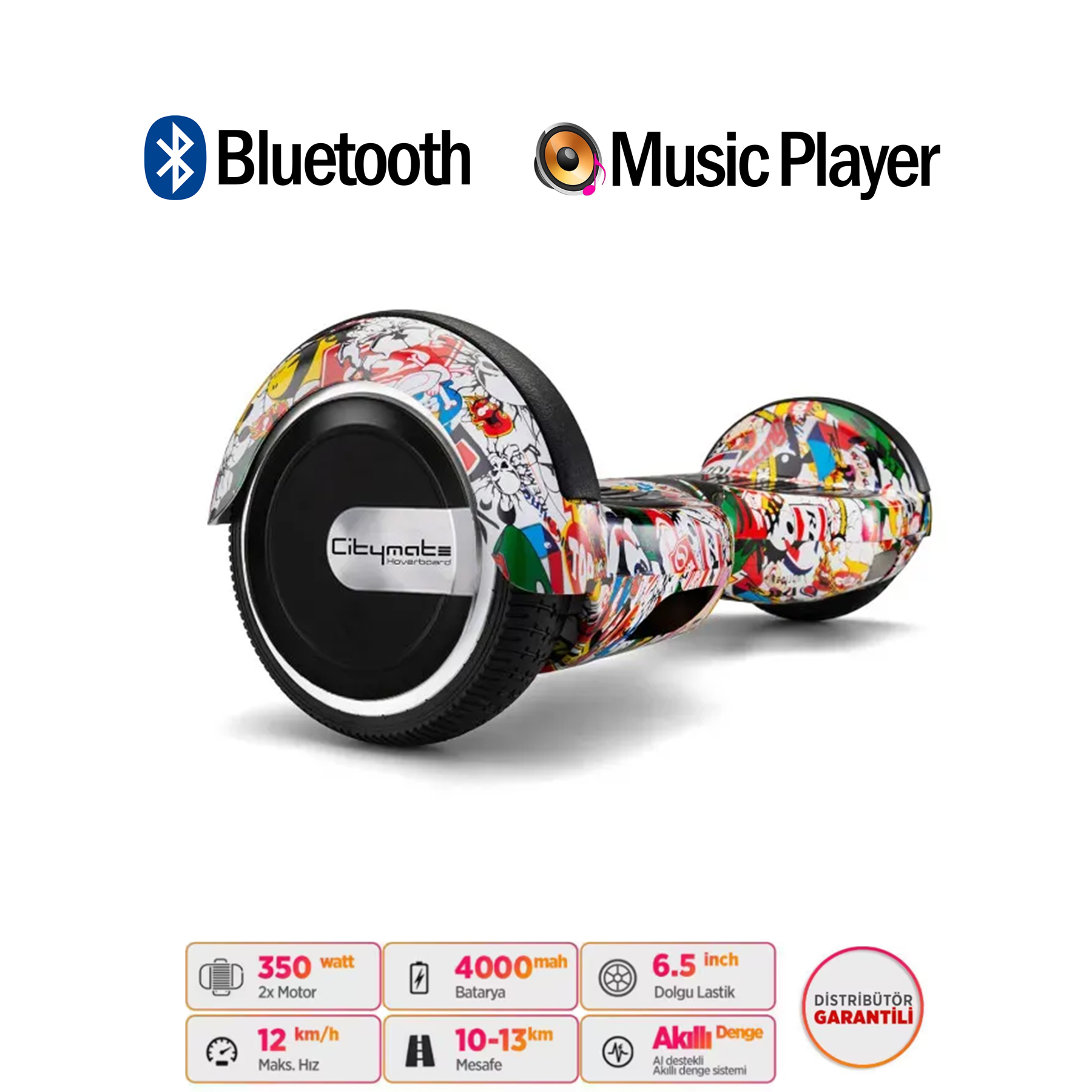 Bluetooth ve müzik çalar simgeli rengarenk hoverboard; alt kısımda özellikler.