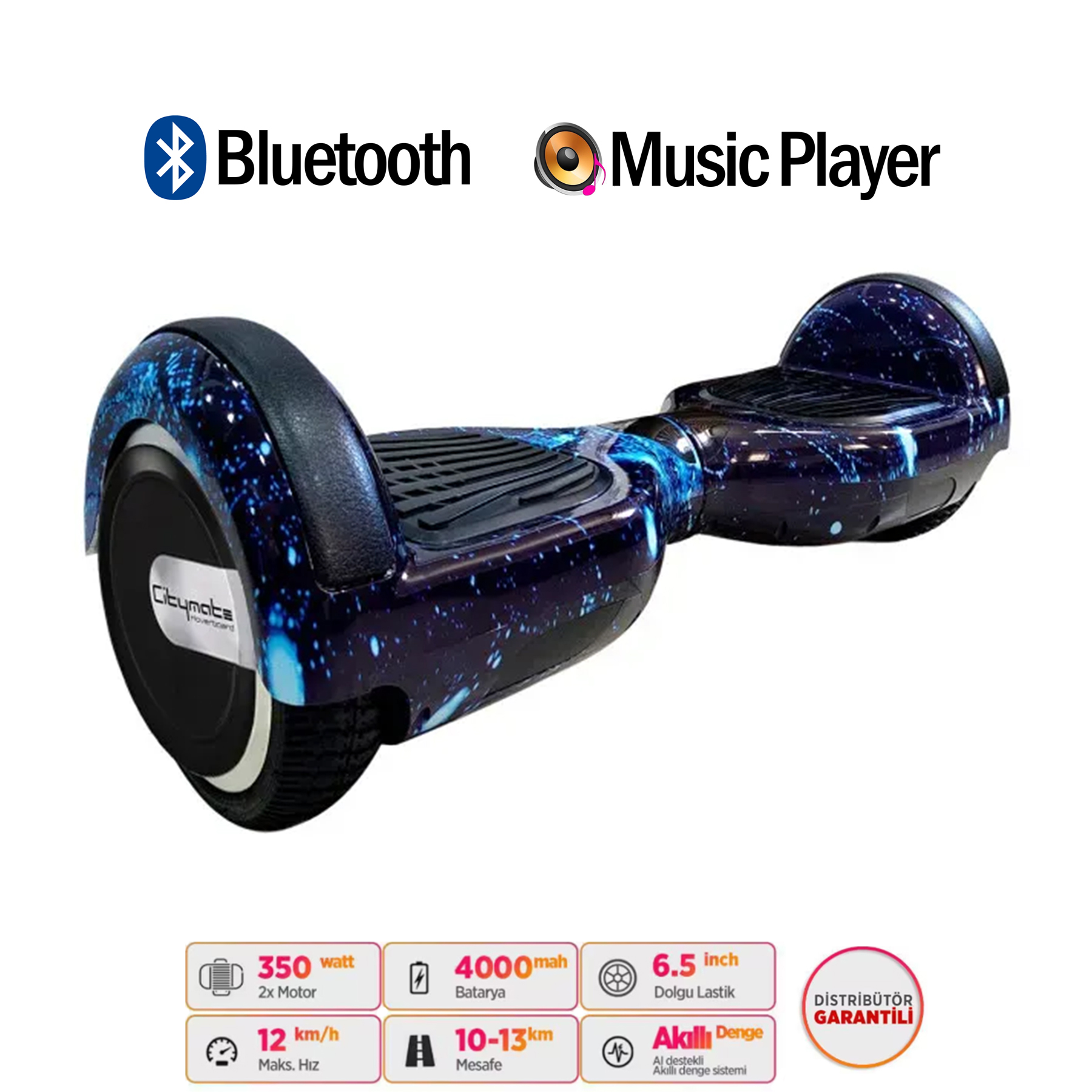 Bluetooth ve müzik çalar simgeleri ile mavi-siyah desenli hoverboard ve teknik özellikleri.