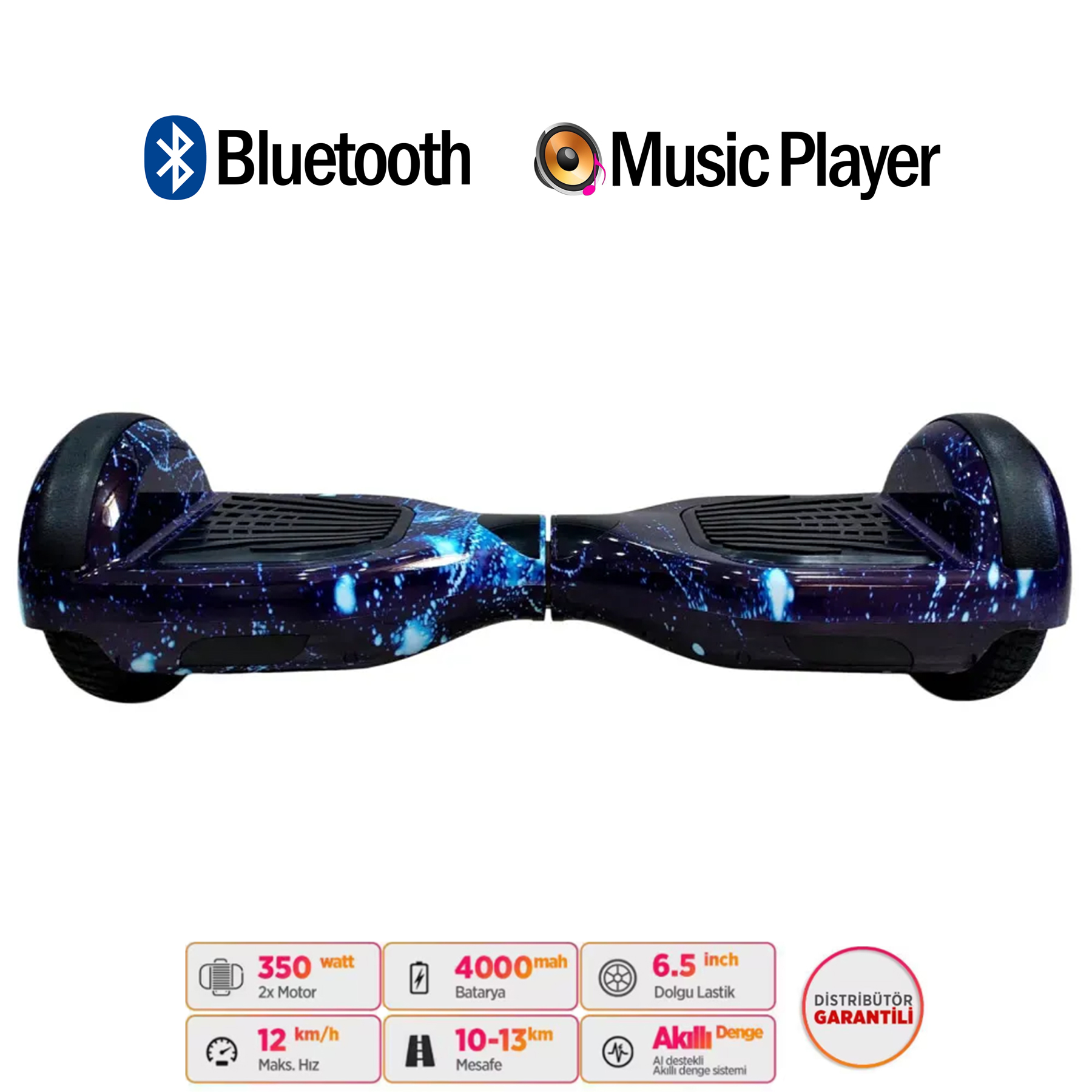 Mavi ve siyah galaksi desenli hoverboard, Bluetooth ve müzik çalar.