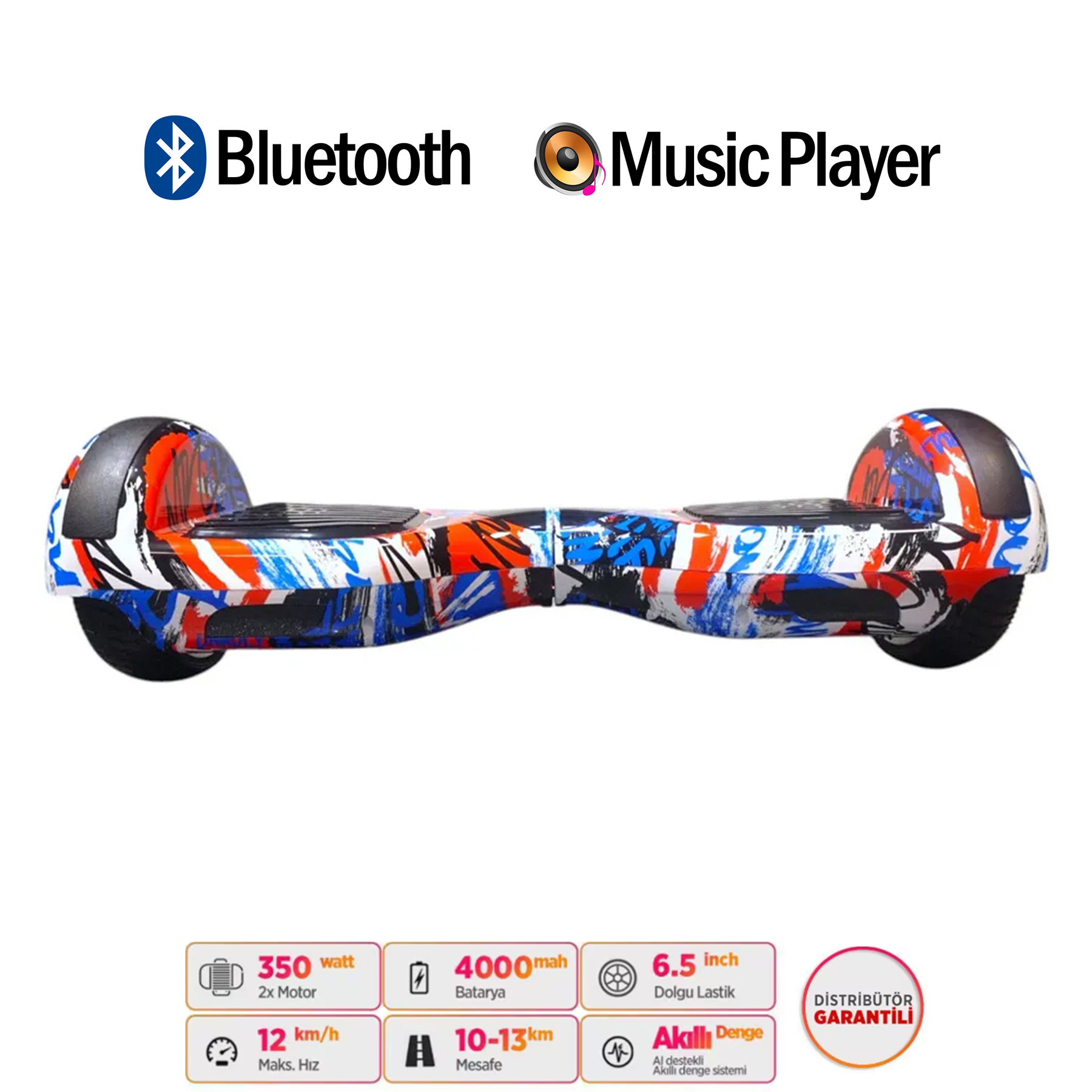Renkli graffiti desenli, Bluetooth ve müzik çalar özellikli hoverboard.