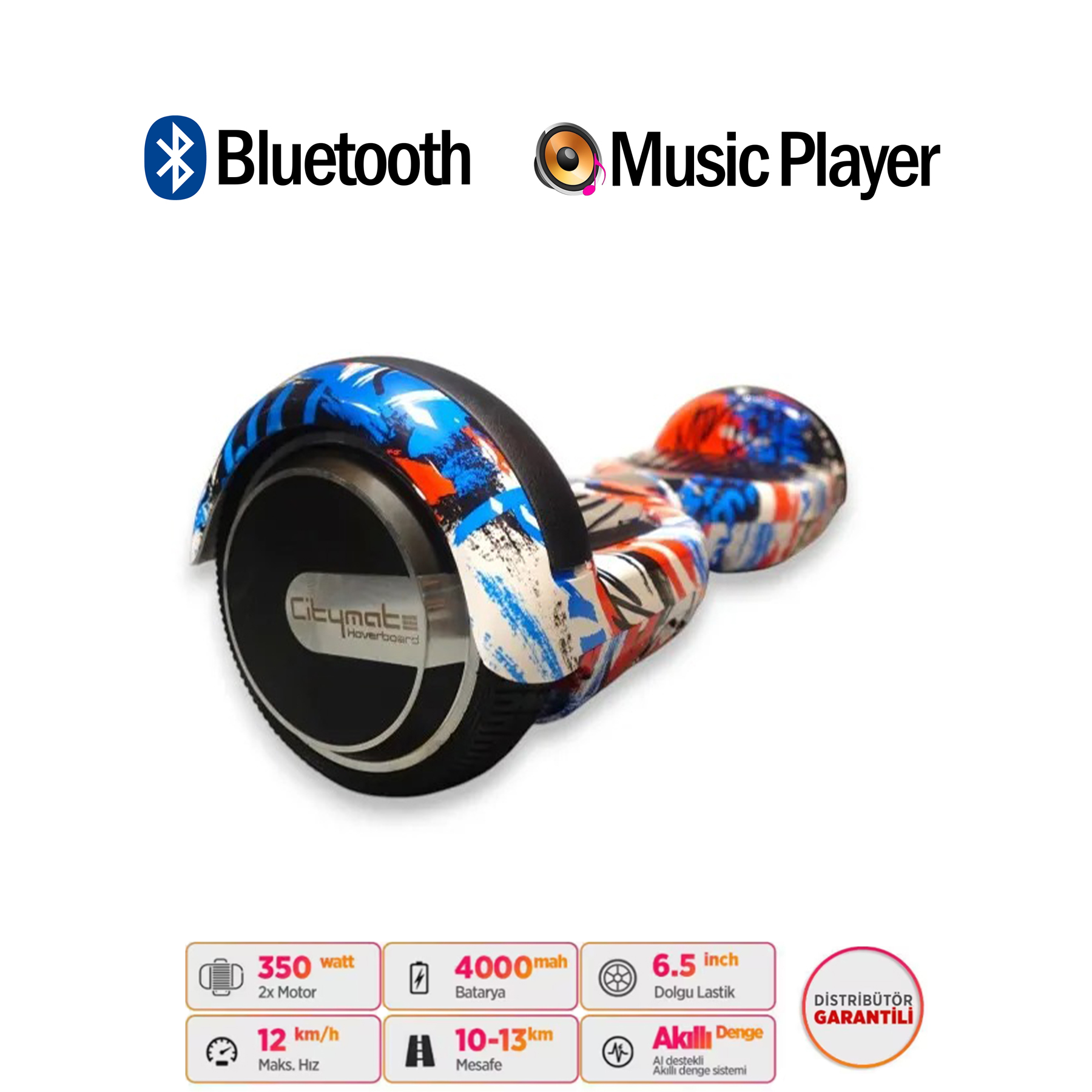 Mavi-kırmızı desenli, Bluetooth'lu ve müzik çalarlı hoverboard.