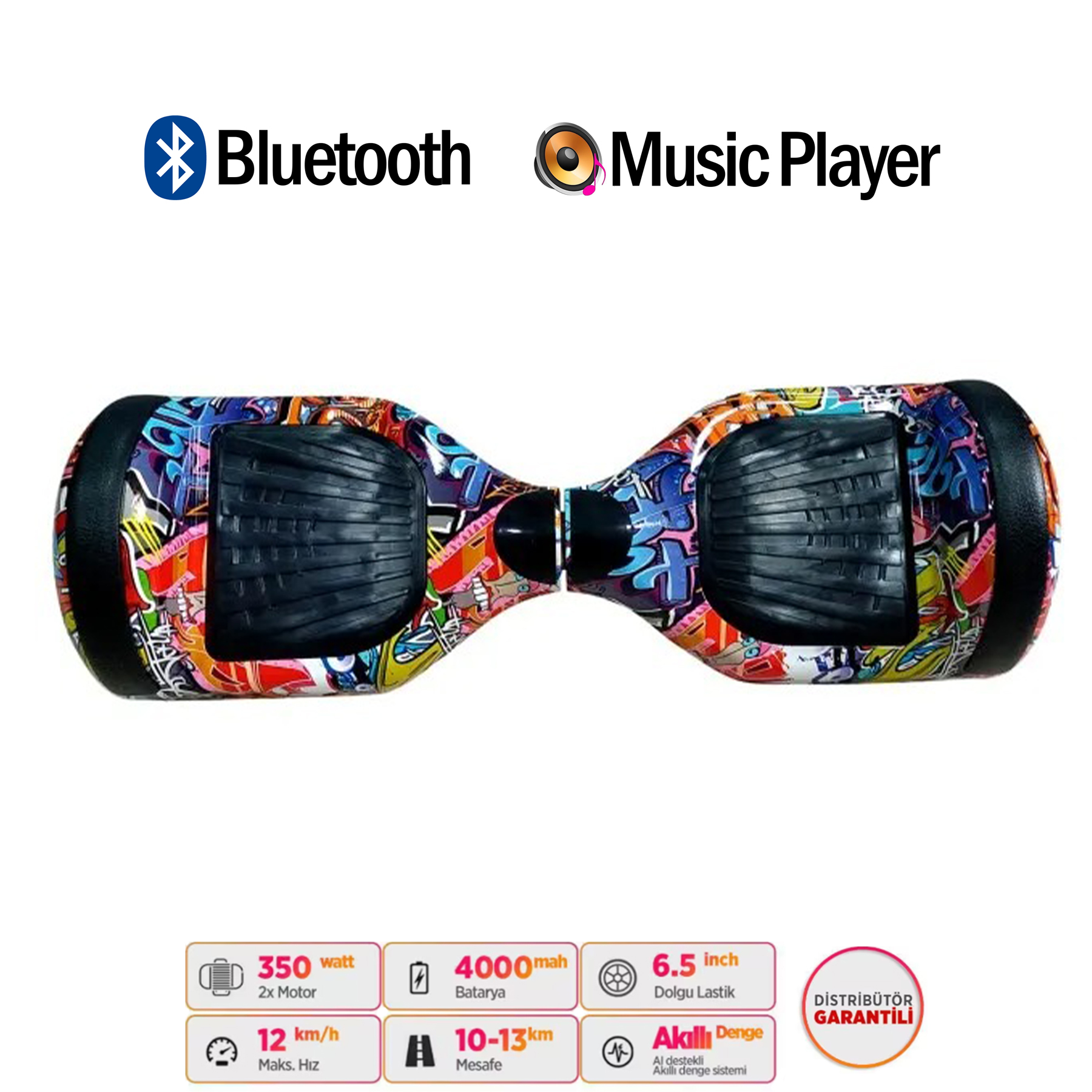 Graffiti tasarımlı, Bluetooth ve müzik çalar simgeli renkli hoverboard.