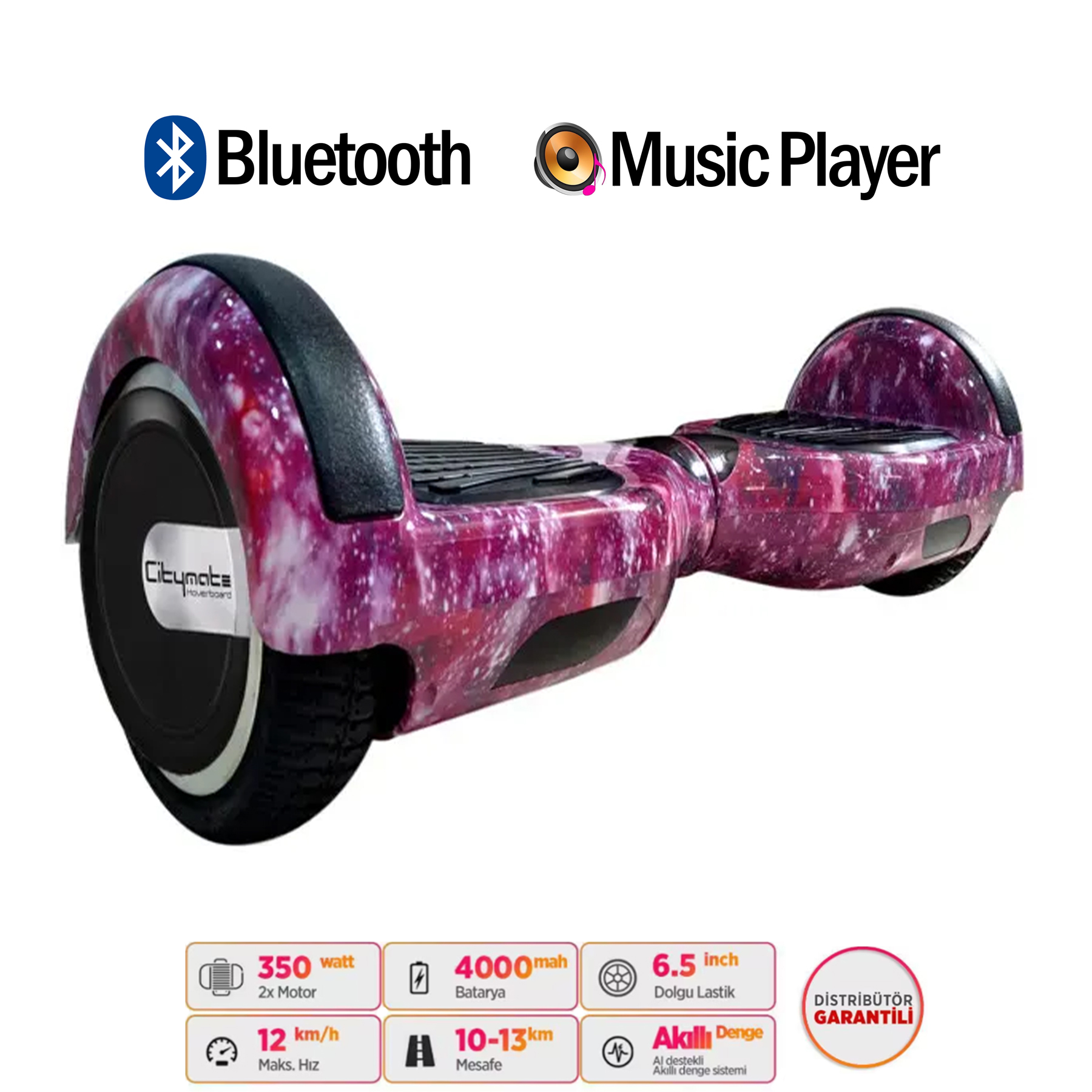Mor galaksi desenli hoverboard, Bluetooth ve Müzik Çalar ikonları ve özellikleri.