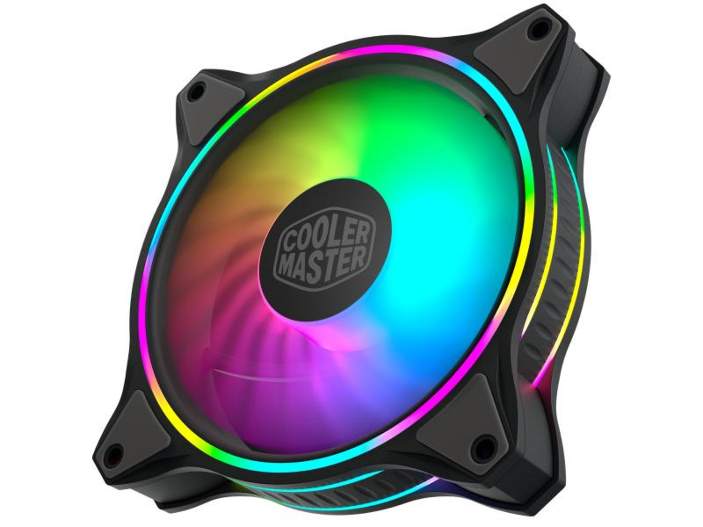 Una ventola nera con illuminazione RGB e logo Cooler Master.