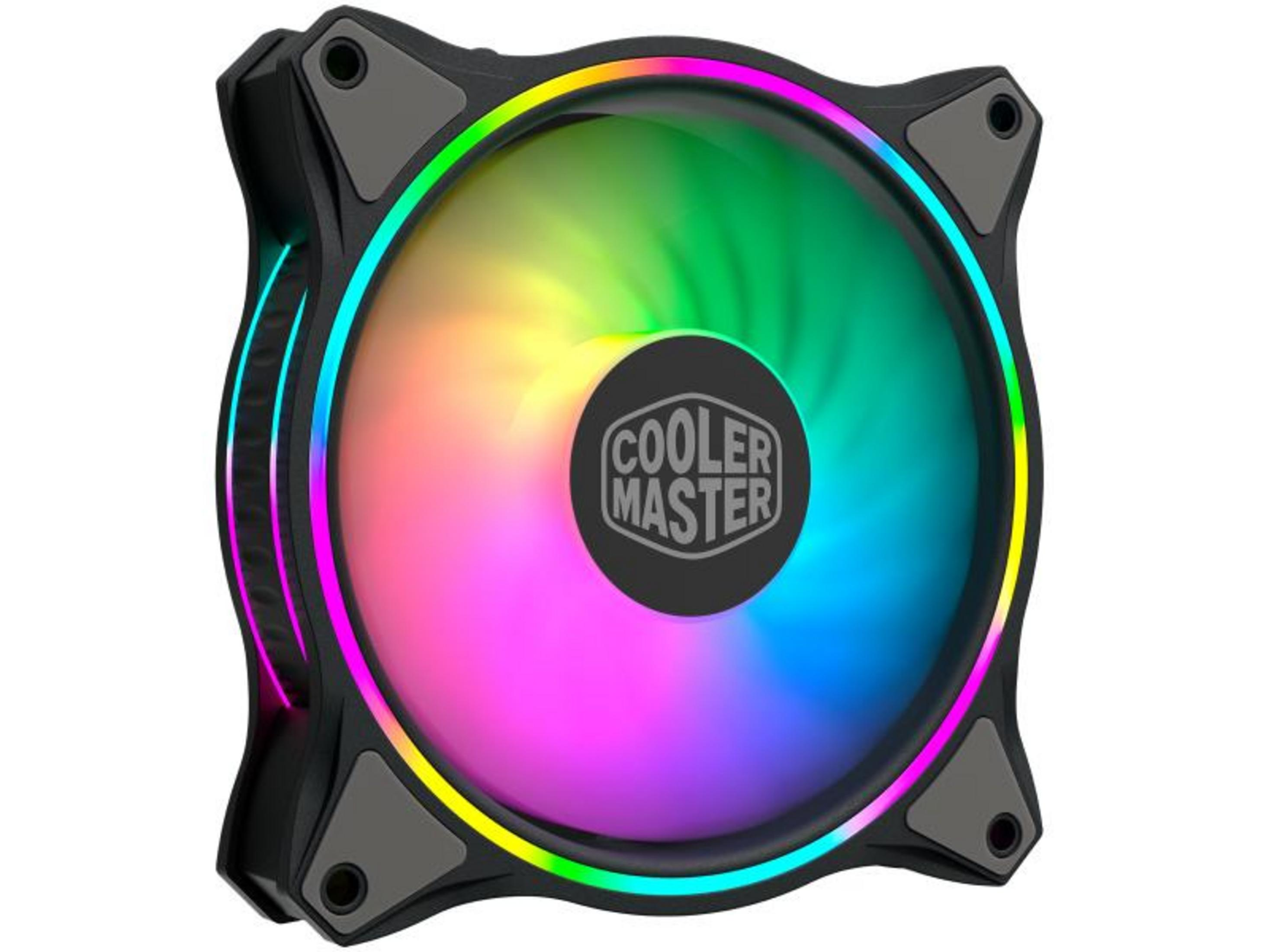 Una ventola per computer nera con illuminazione RGB colorata e logo Cooler Master.
