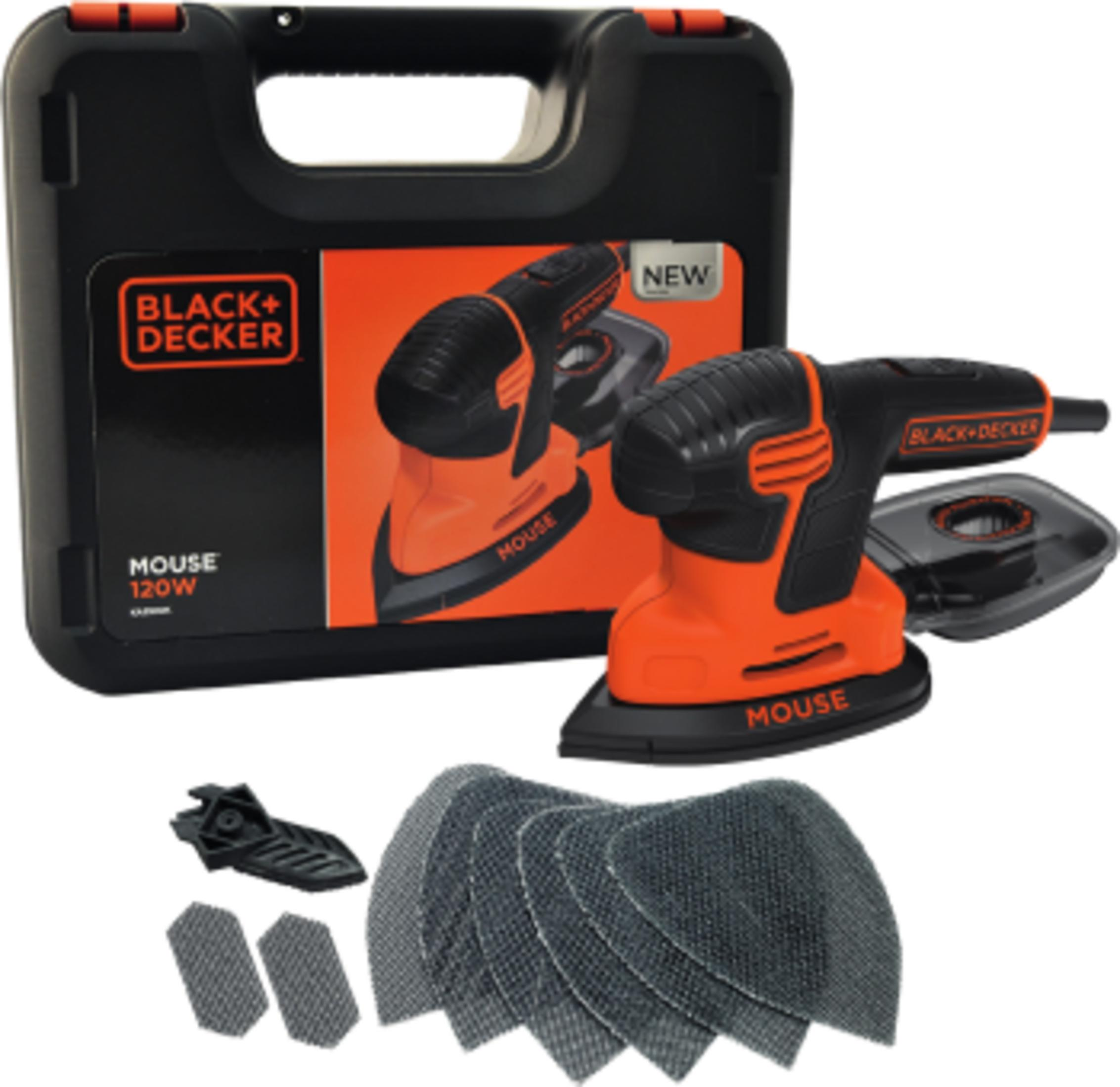 Schwarzer und oranger Black+Decker Maus-Schleifer mit Koffer, Staubbox u. Schleifpapier.