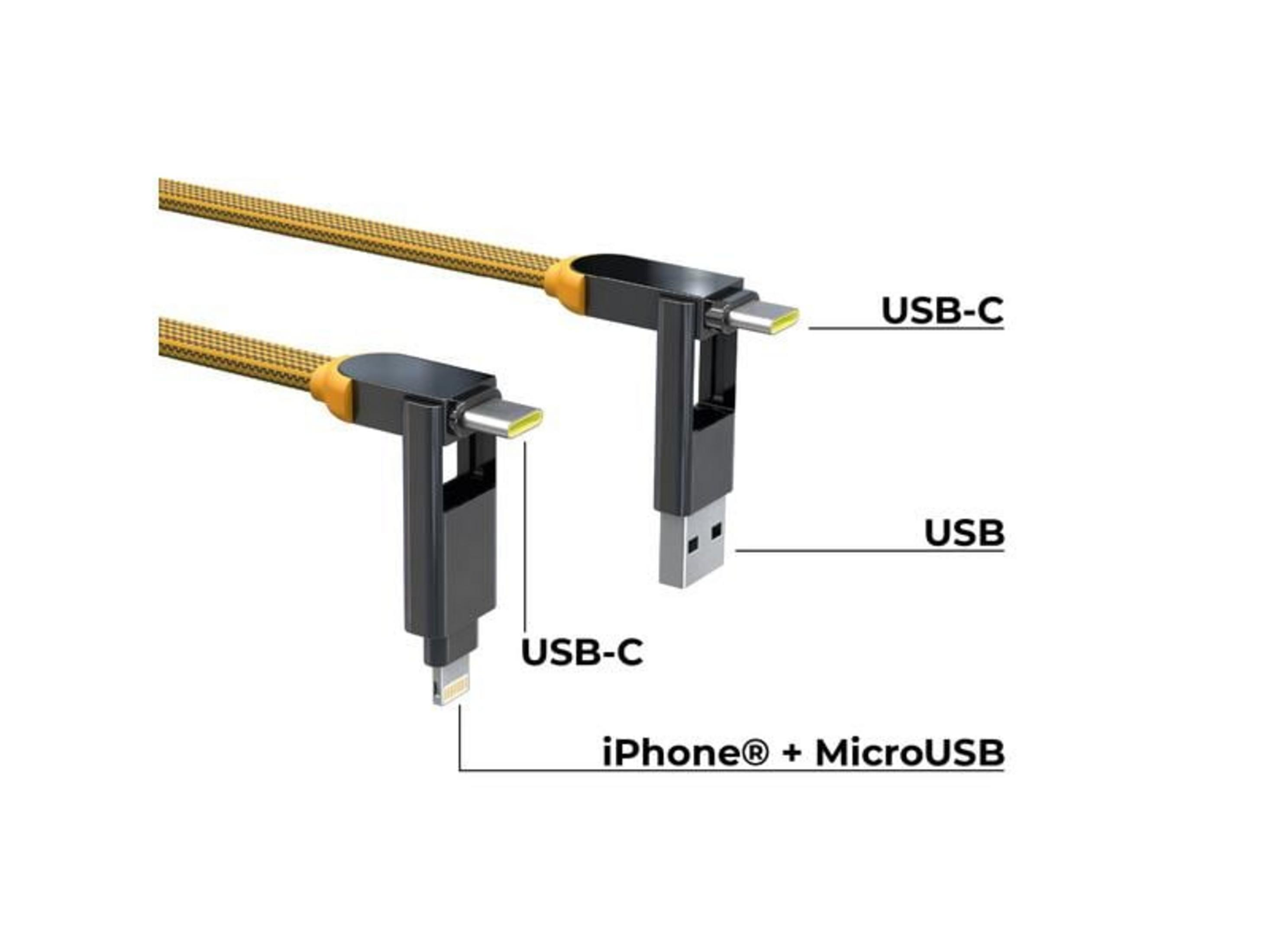 Ein USB-C-zu-USB-Kabel mit einem USB-C-, iPhone-/MicroUSB- und USB-A-Anschluss.