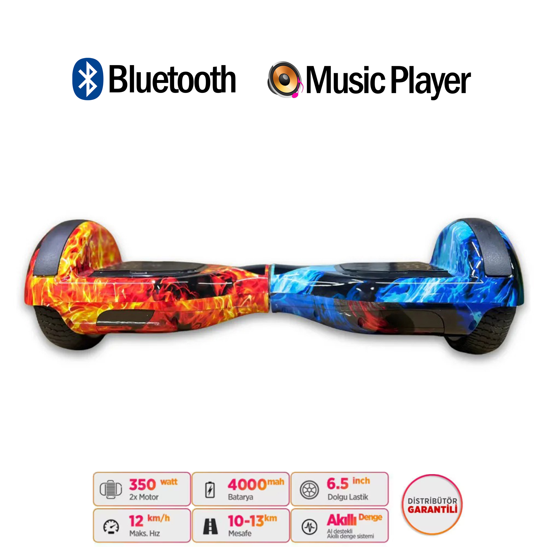 Alev tasarımlı, Bluetooth ve müzik çalar özellikli hoverboard.