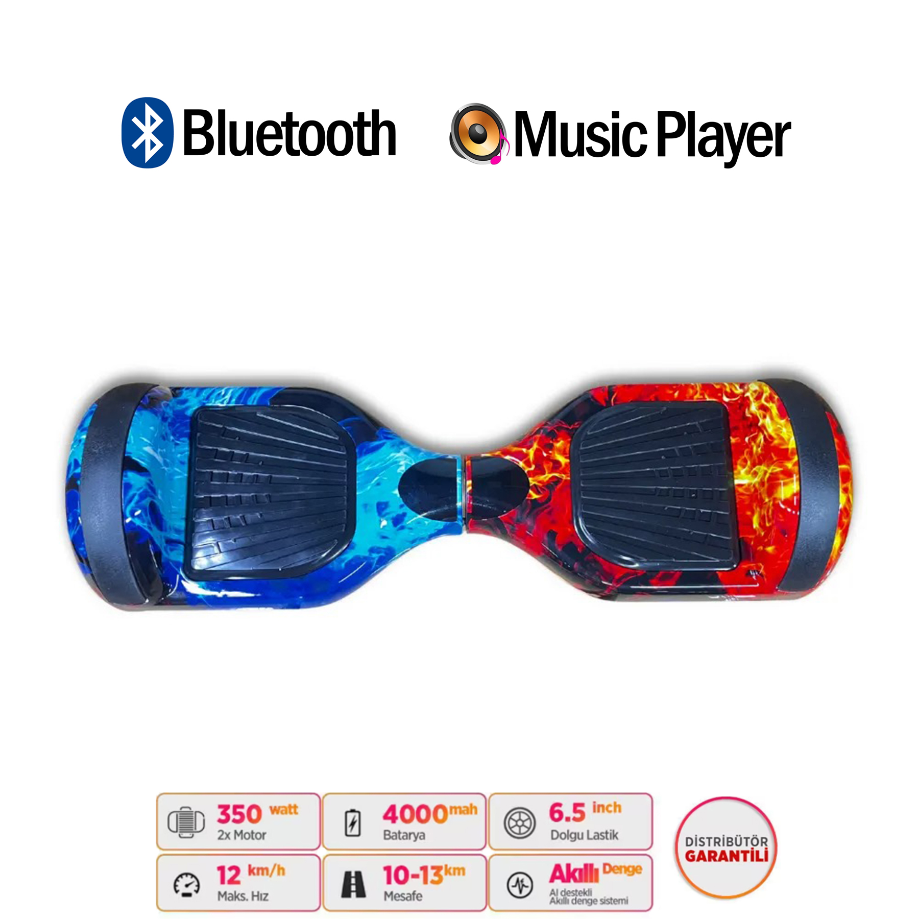 Alev ve su tasarımlı, Bluetooth ve müzik çalar simgeli iki tekerlekli hoverboard.