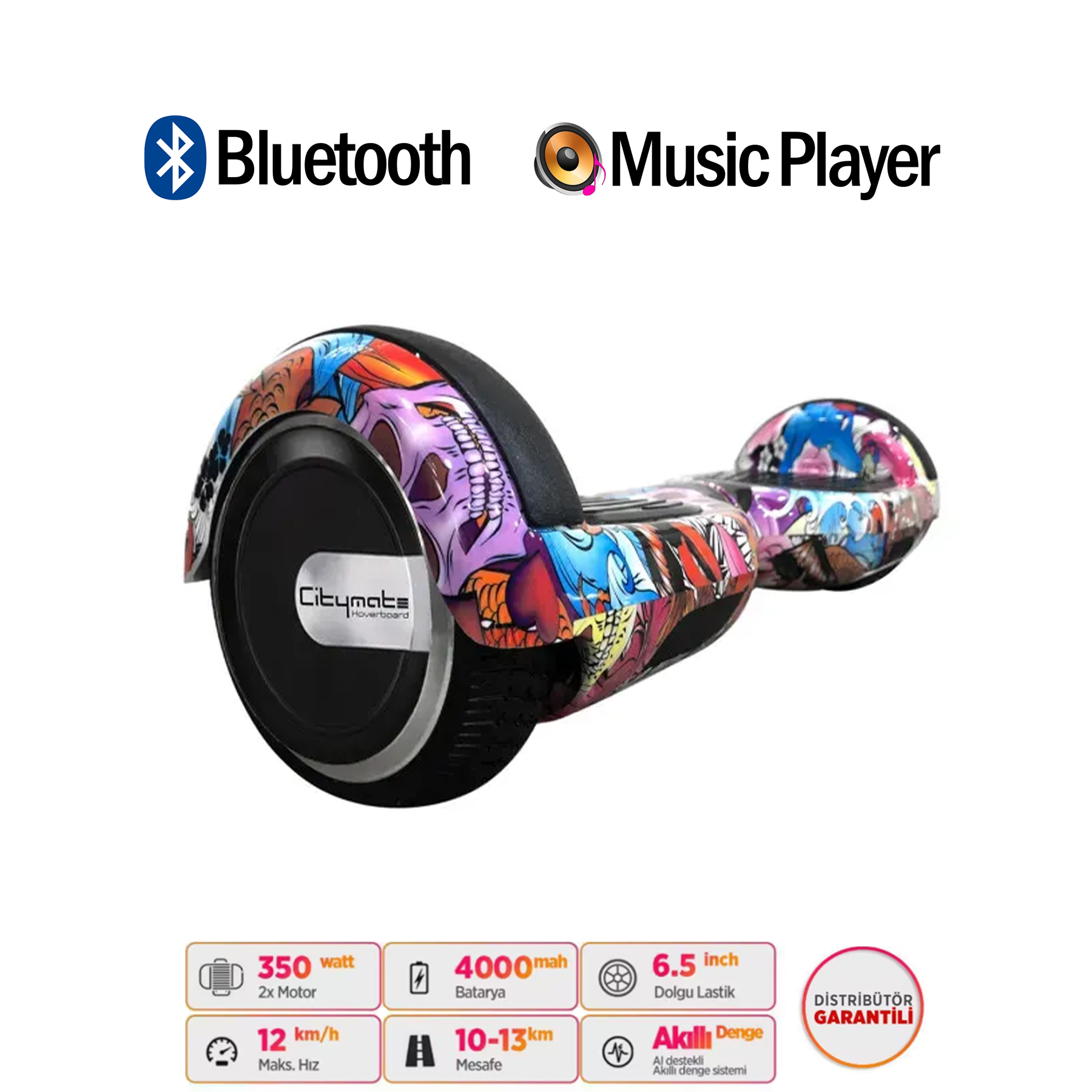 Renkli kurukafa tasarımlı, Bluetooth ve müzik çalarlı hoverboard.