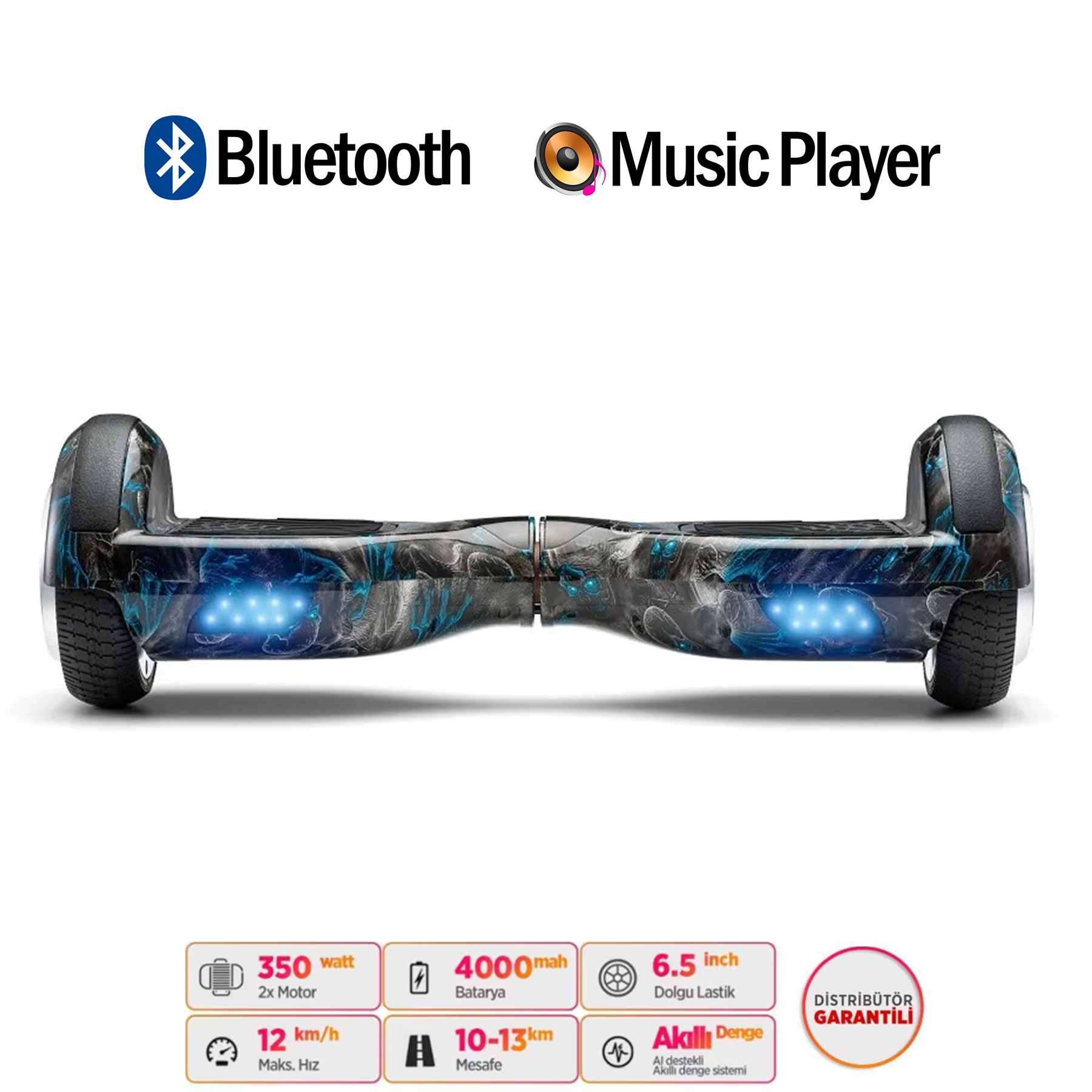 Mavi ışıklı ve siyah, gri, mavi desenli bir hoverboard.