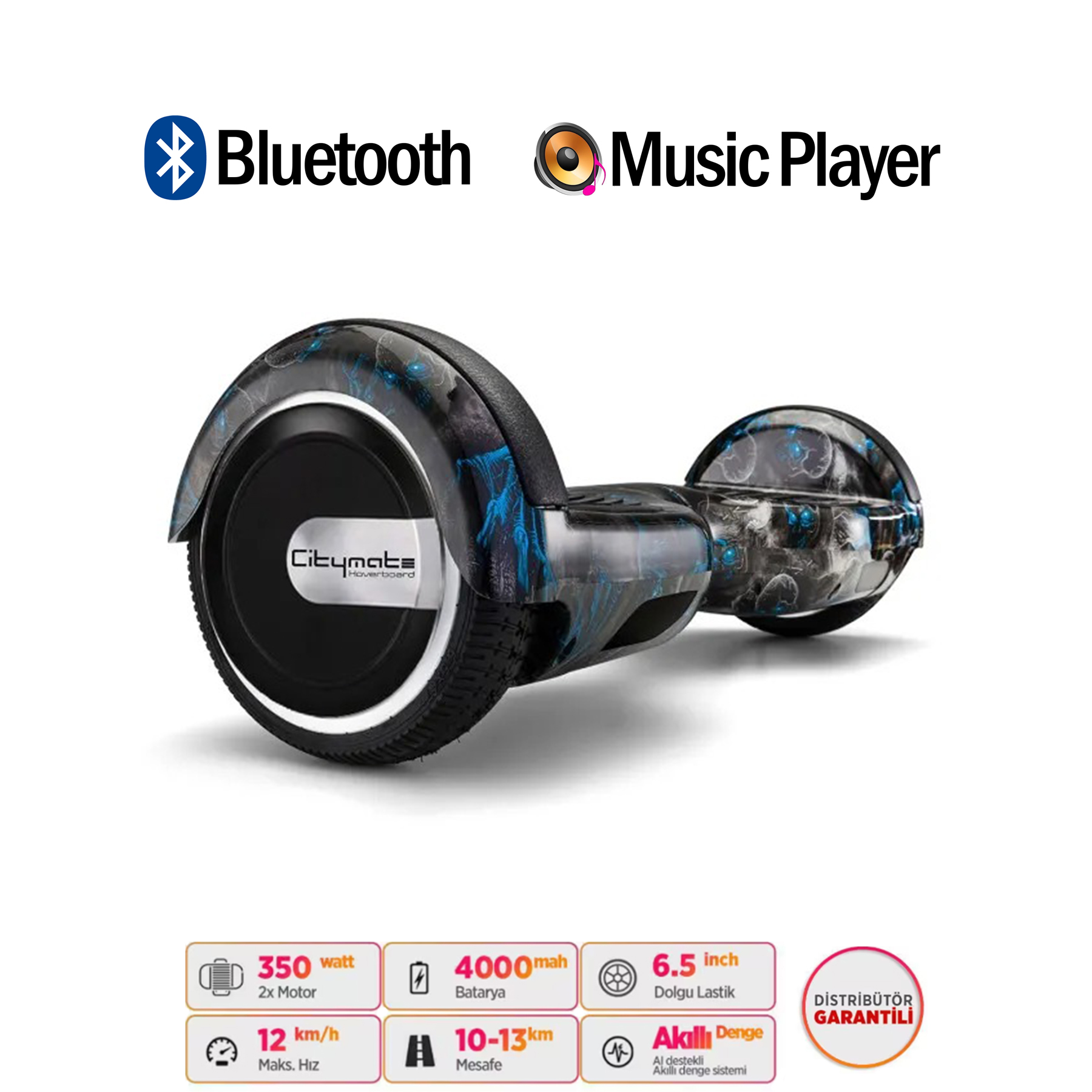 Mavi desenli hoverboard, Bluetooth, müzik çalar, 350W motor.