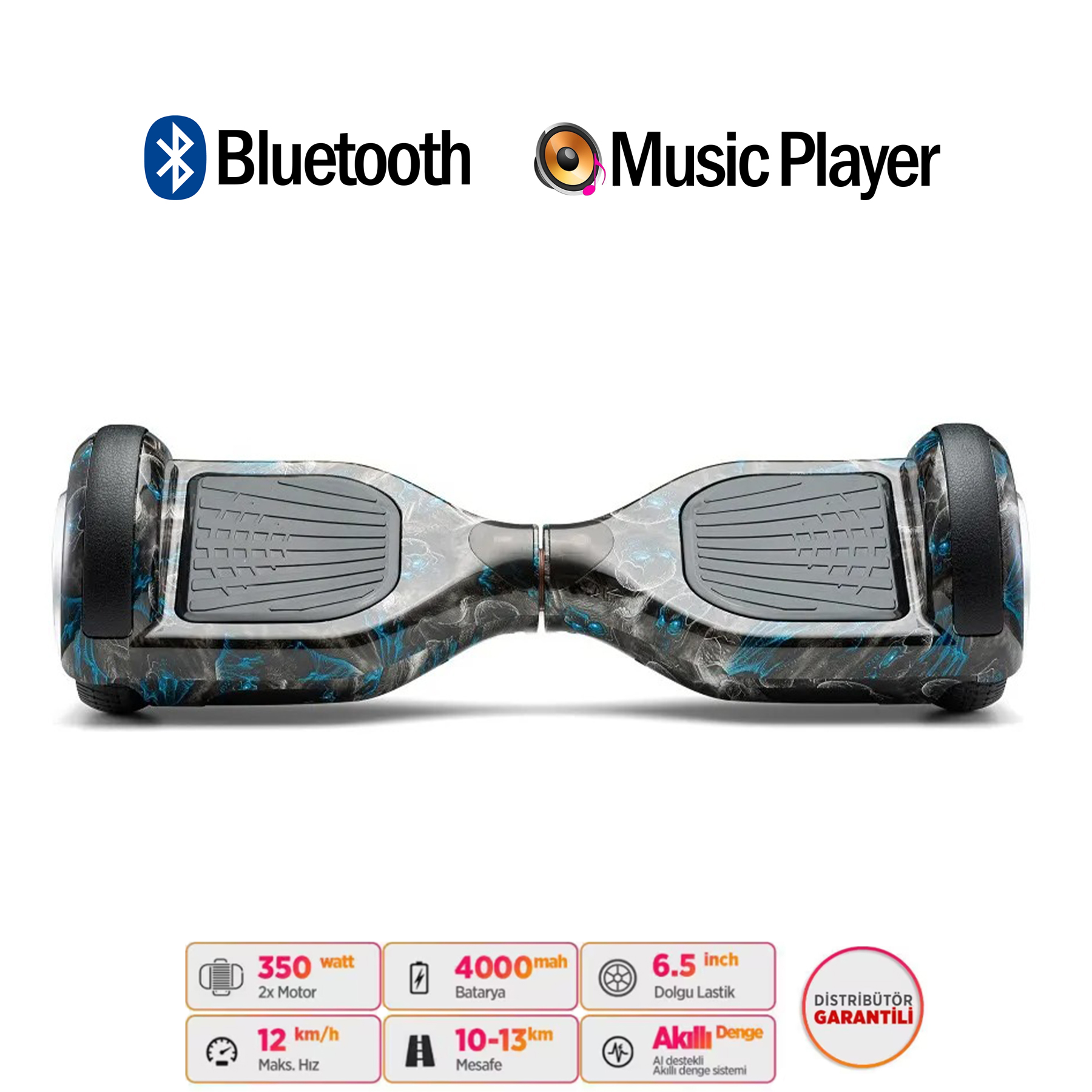 Mavi-siyah desenli, Bluetooth ve müzik çalar ikonlu hoverboard.