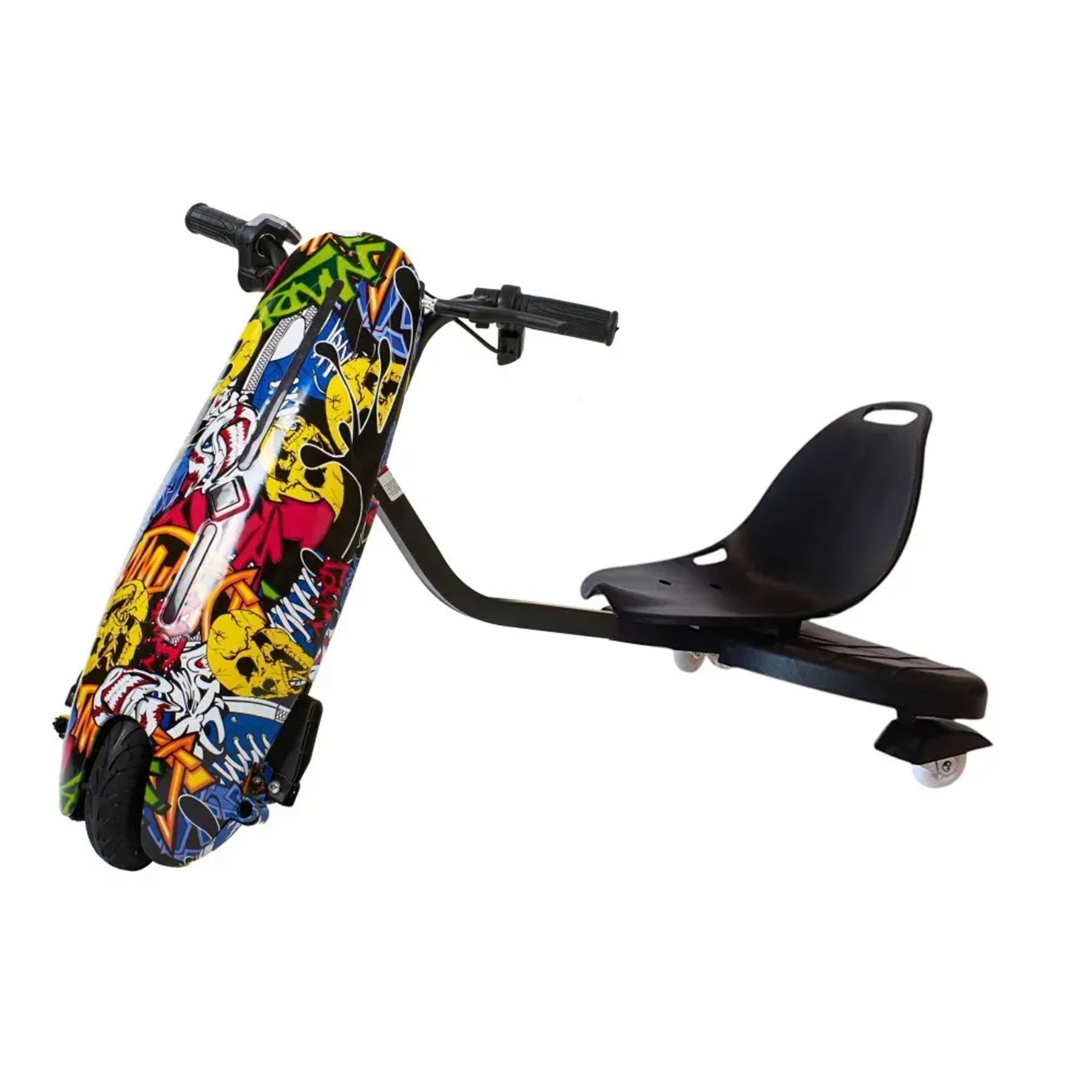 Beyaz zeminde seleli ve gidonlu, renkli grafitili drift scooter.