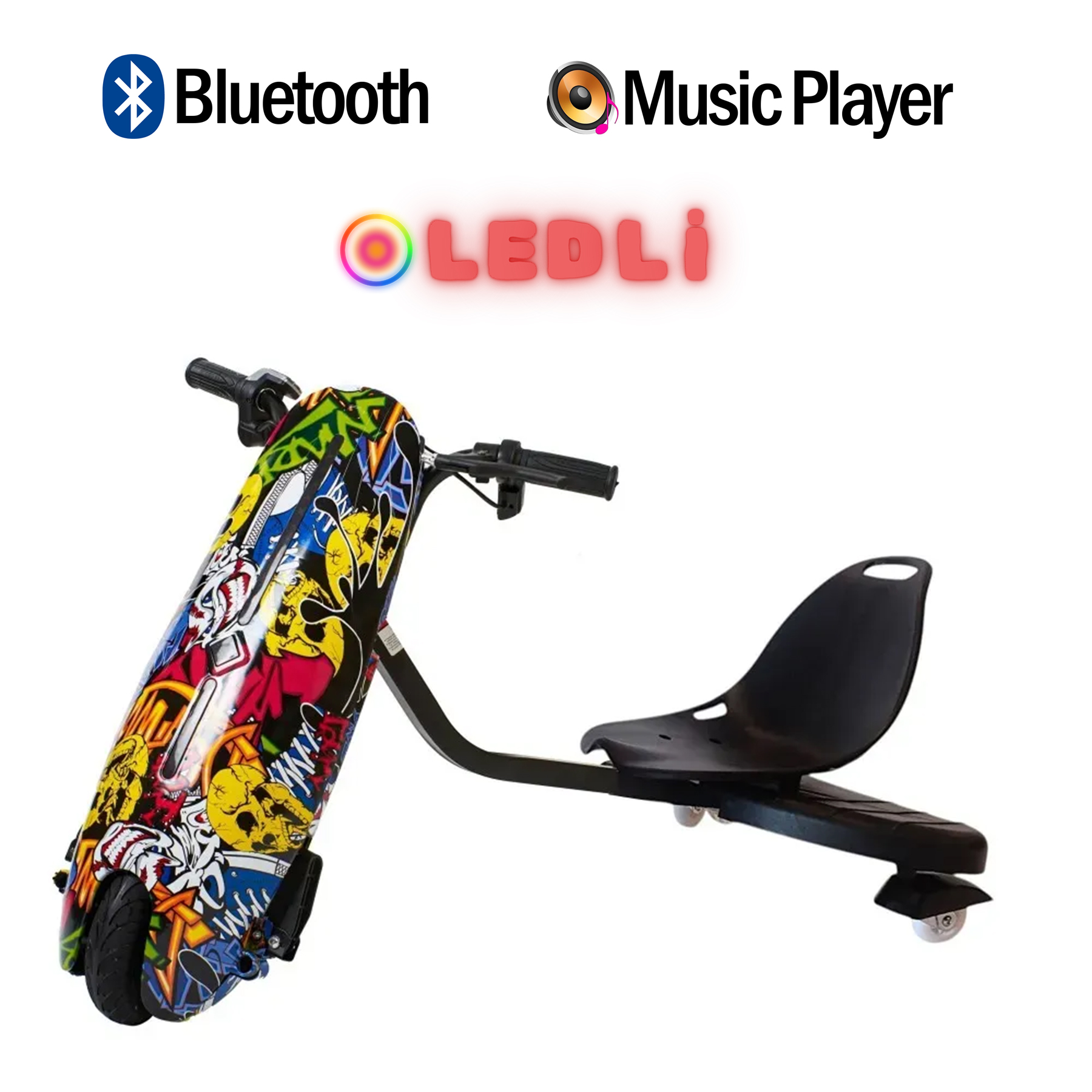 Renkli, grafitili drift scooter, Bluetooth ve Müzik Çalar simgeleriyle.