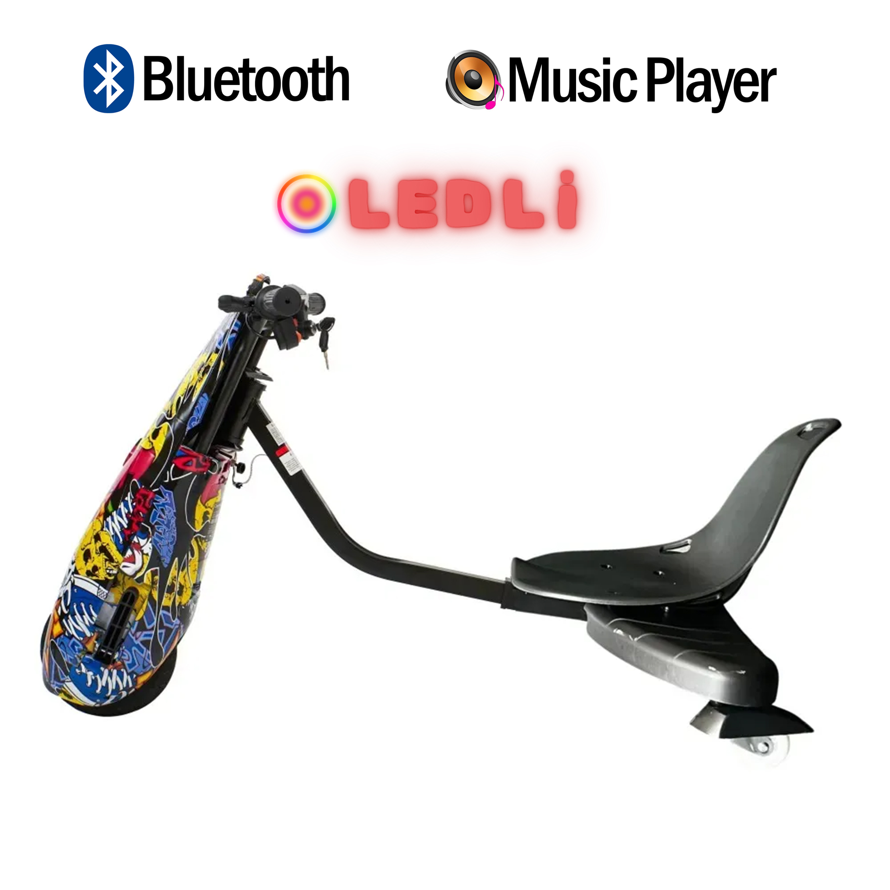 Bluetooth ve Müzik Çalar simgeleri ile renkli bir drift scooter ve "LEDLI" yazısı.