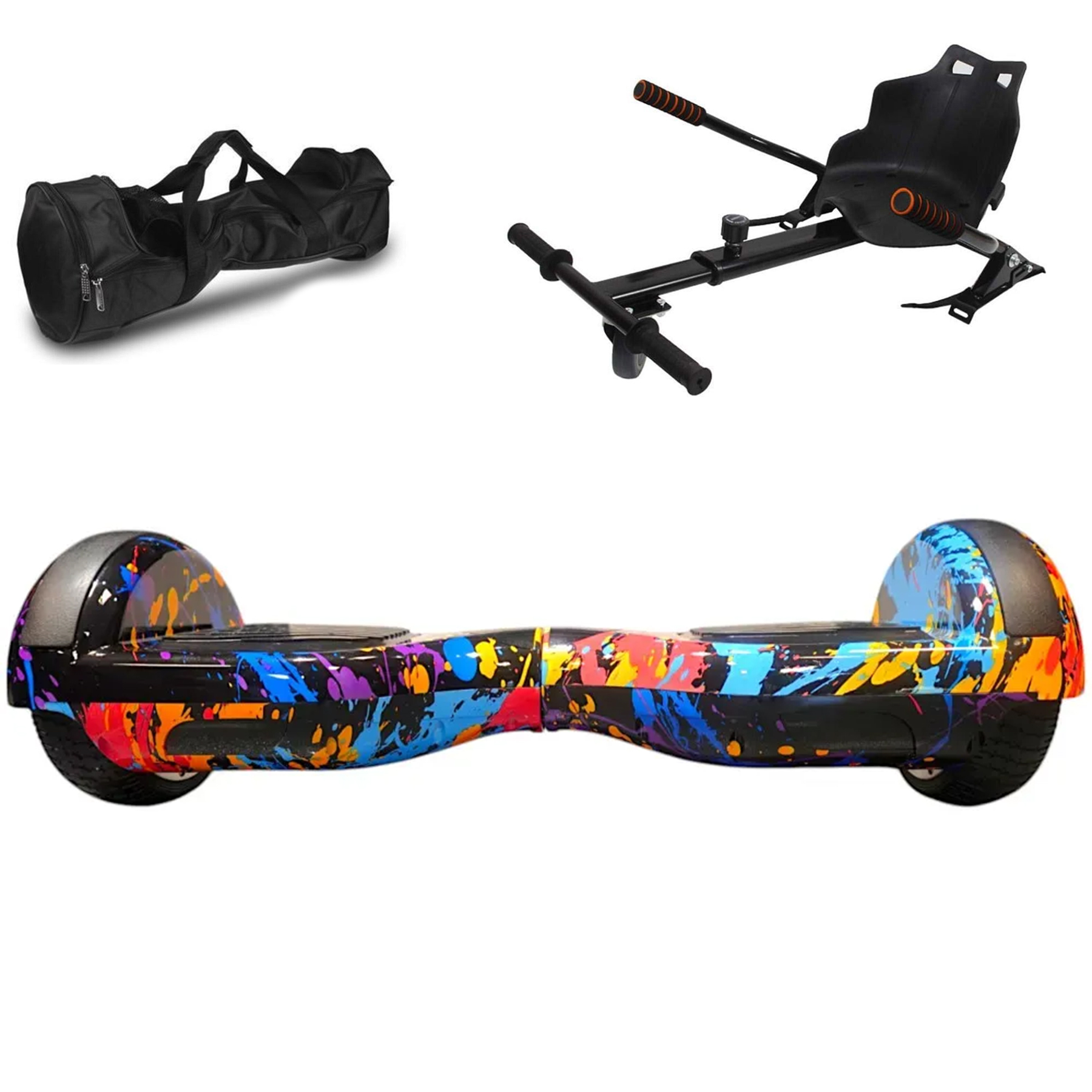 Boya sıçramalı bir hoverboard, siyah taşıma çantası ve hoverboard aparatı.