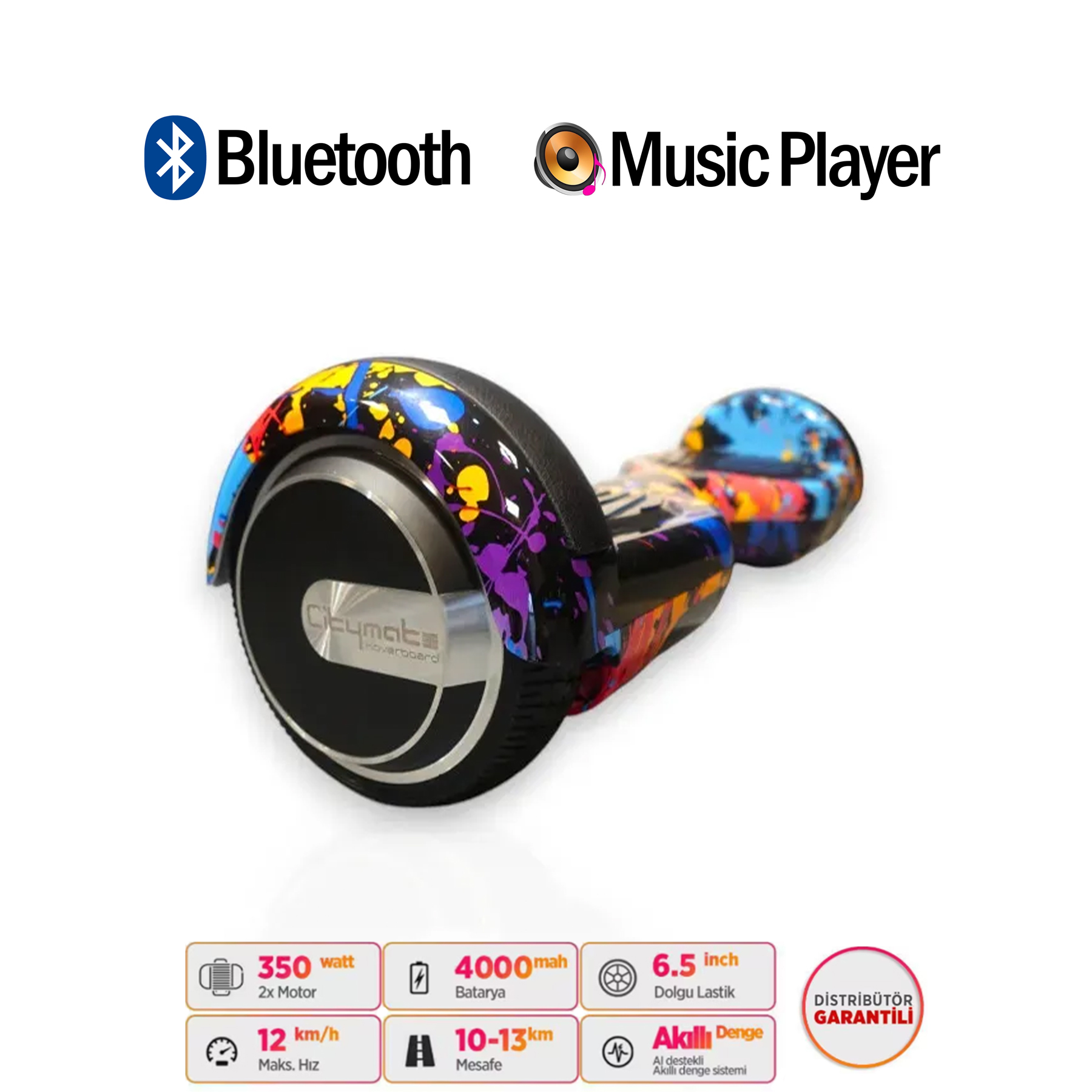 Renkli tasarımlı, Bluetooth ve müzik çalar özellikli hoverboard.