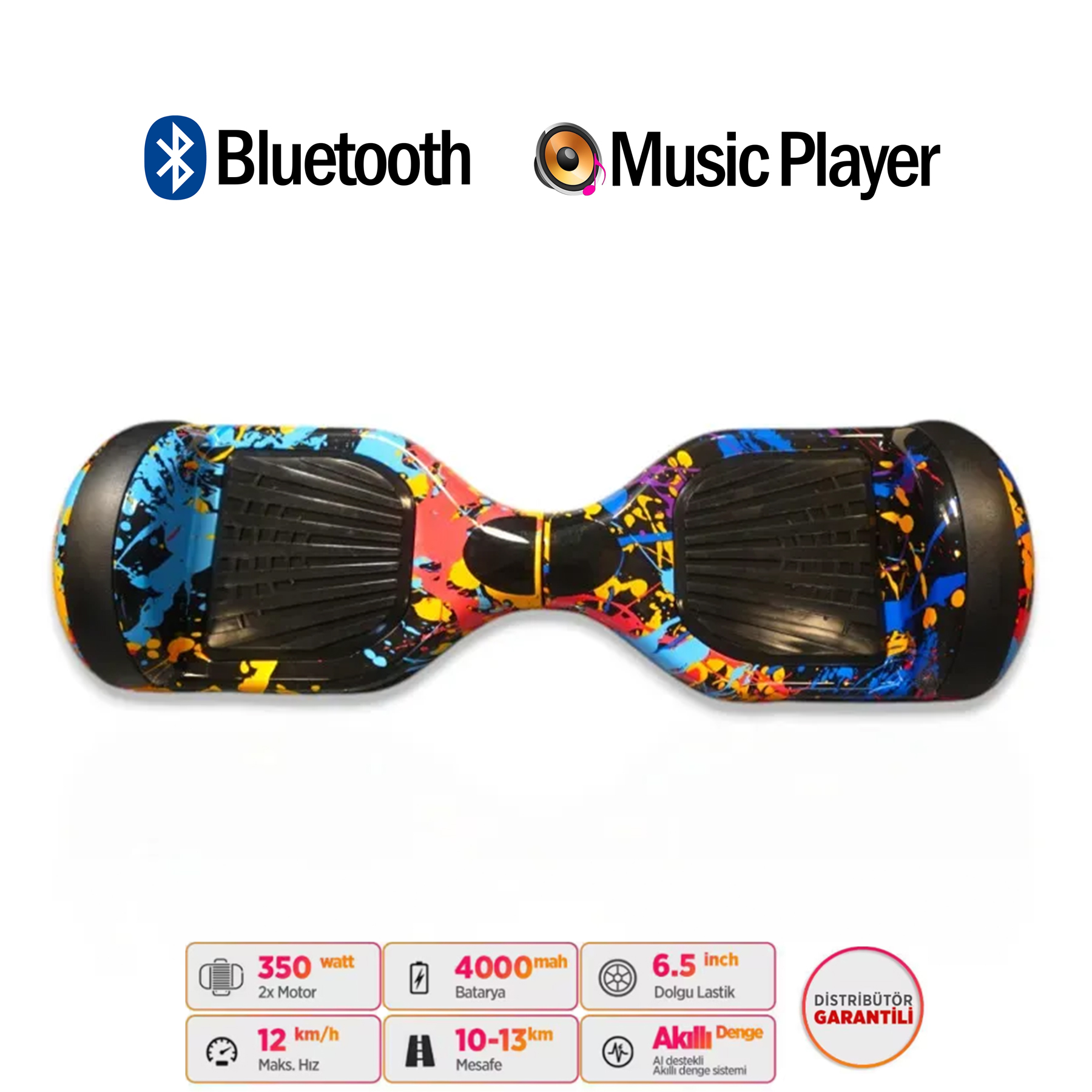 Bluetooth ve müzik çalar özellikli renkli hoverboard.