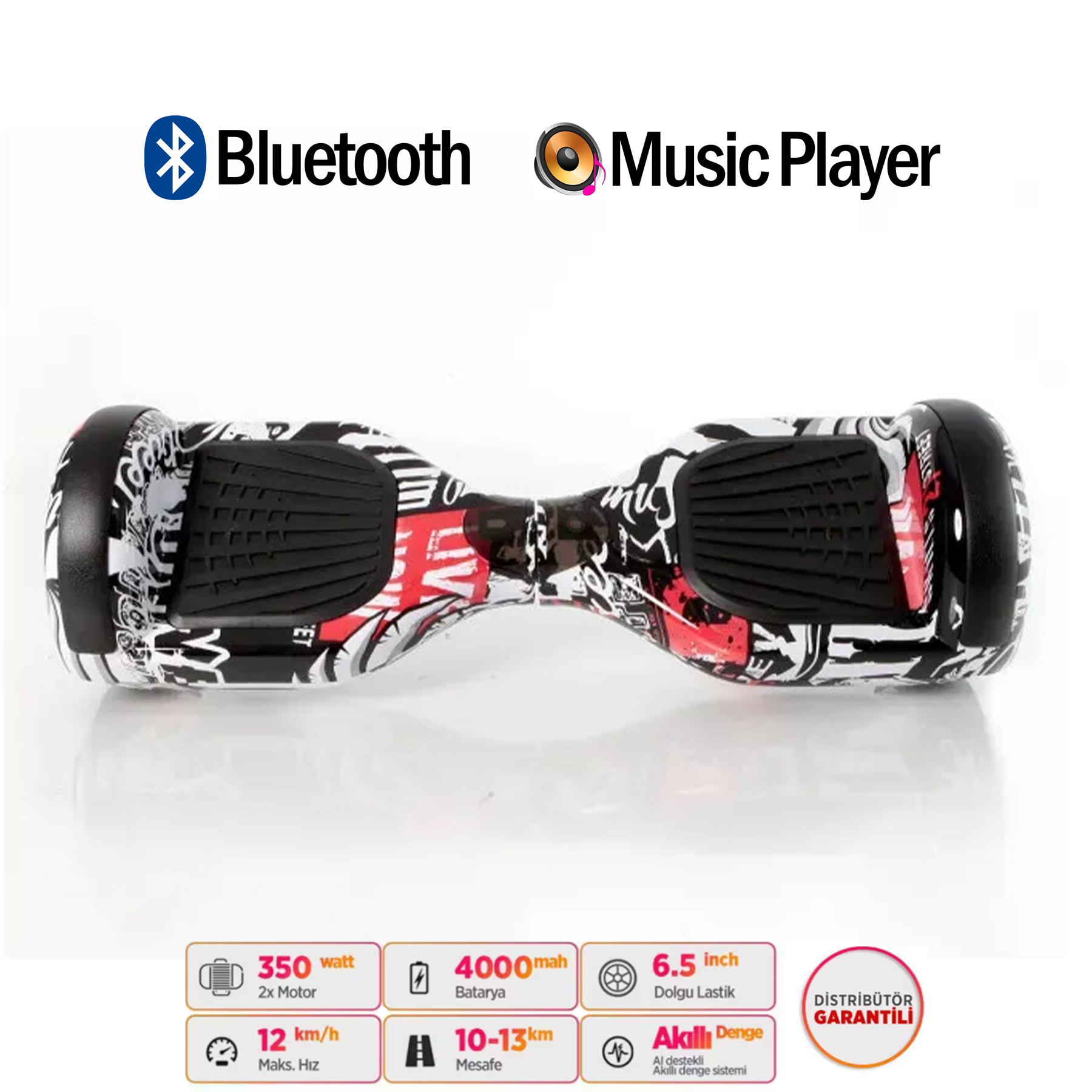 Graffiti desenli, Bluetooth'lu ve müzik çalarlı iki tekerlekli hoverboard.