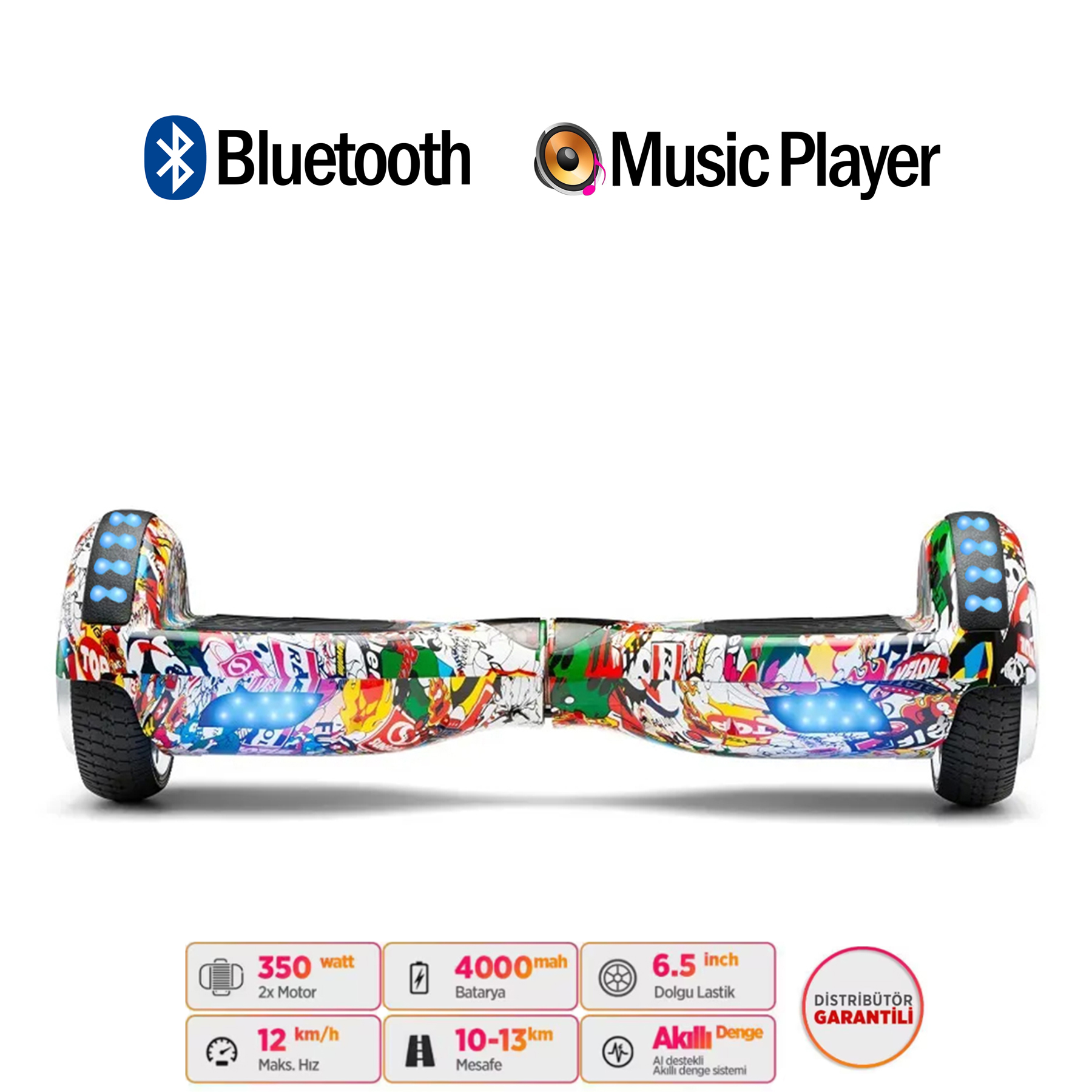 Bluetooth ve müzik çalar simgeleri, teknik özellikler içeren renkli hoverboard.