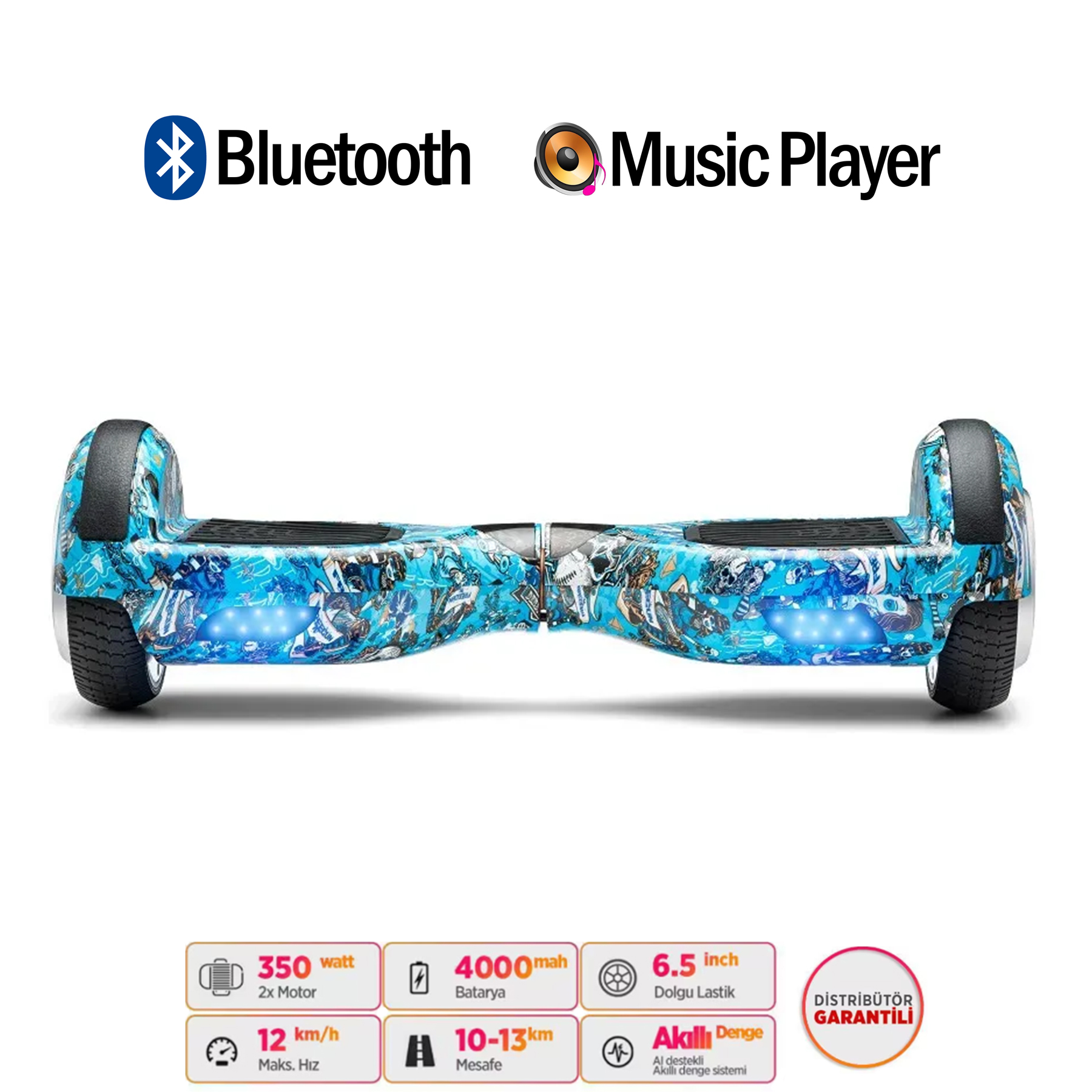 Mavi hoverboard çizgi roman grafikalı, 350W, 4000mAh batarya, 6.5 inç lastikler.
