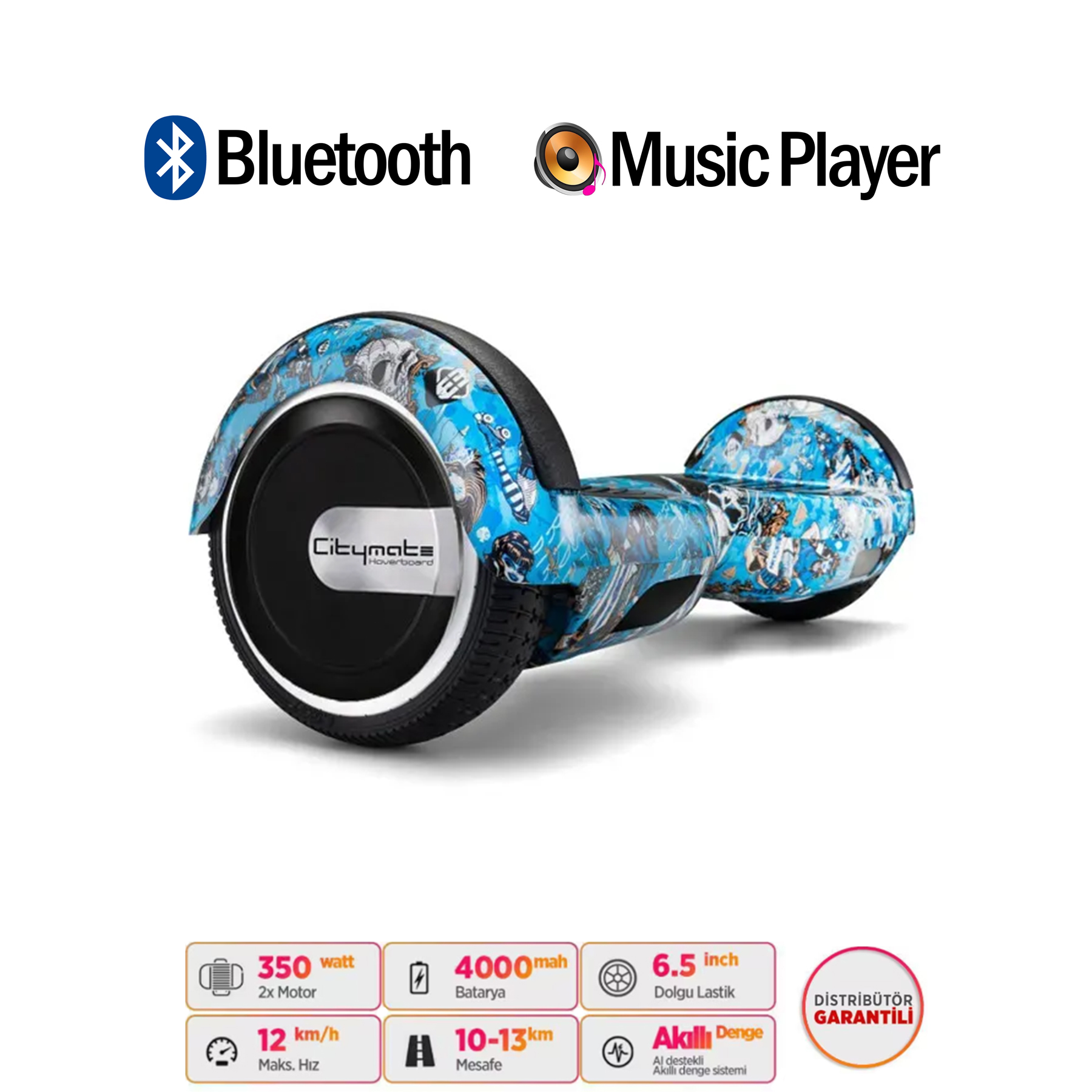 Kurukafa desenli mavi hoverboard, Bluetooth, müzik çalar özelliği ve teknik bilgiler.