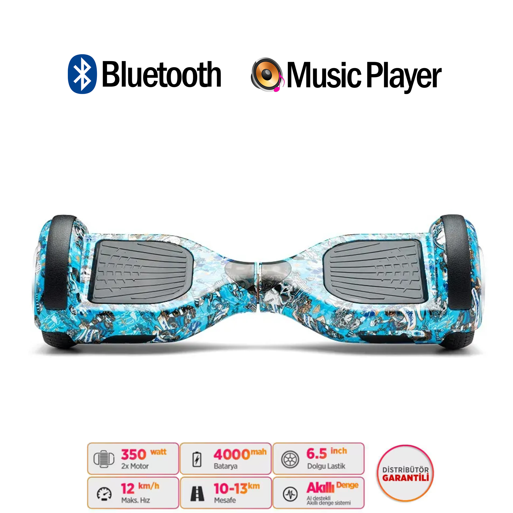 Kurukafa desenli mavi hoverboard, Bluetooth ve müzik çalar simgeleri.