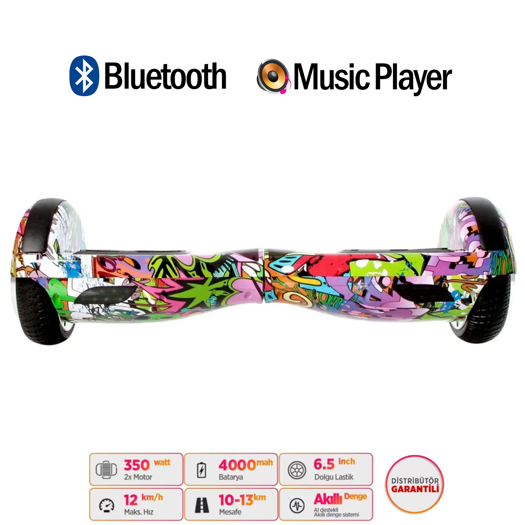 Graffiti tasarımlı hoverboard, 350 watt, 4000 mah pil, 6,5 inç tekerlekler.