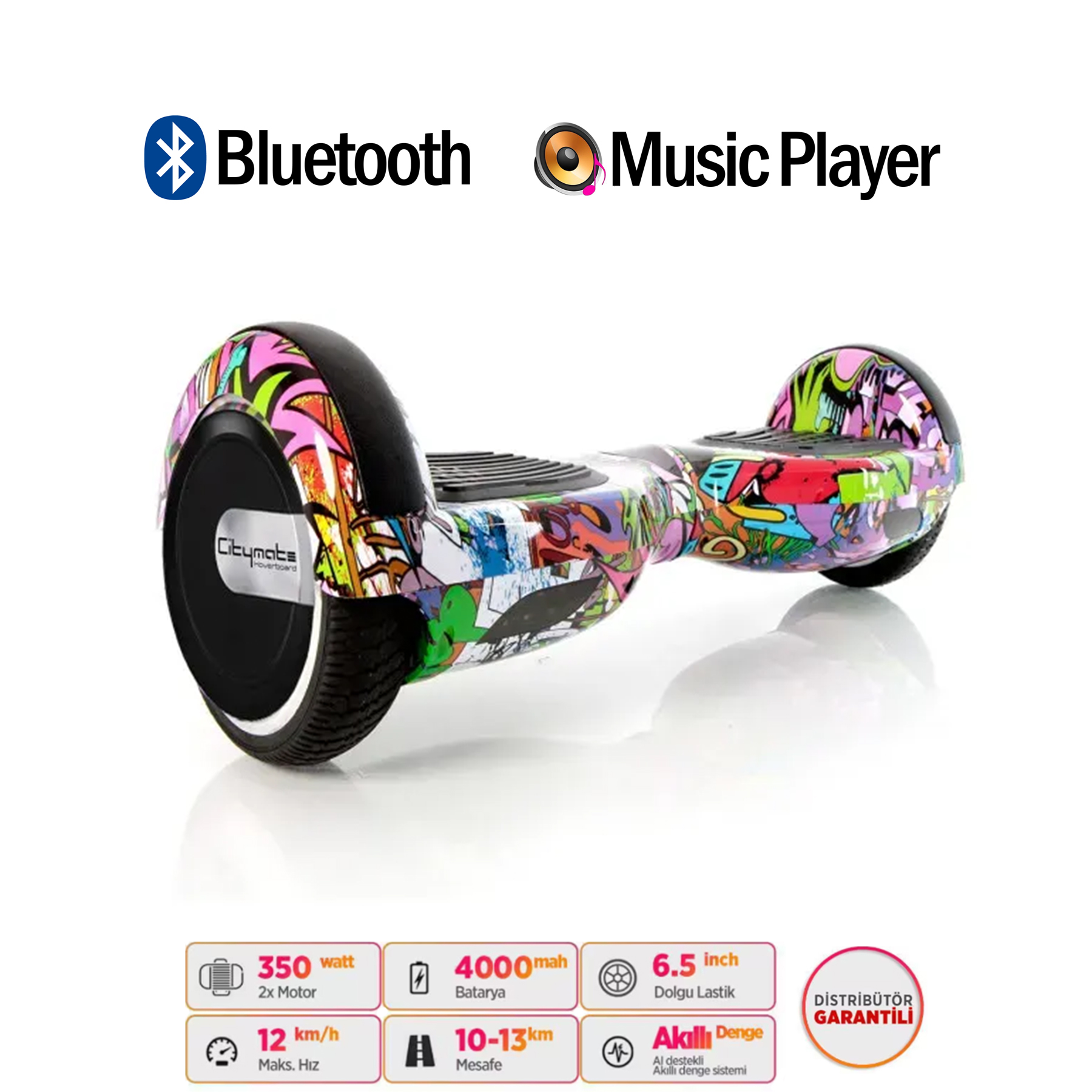 Bluetooth ve müzik çalar özellikli rengarenk bir hoverboard.