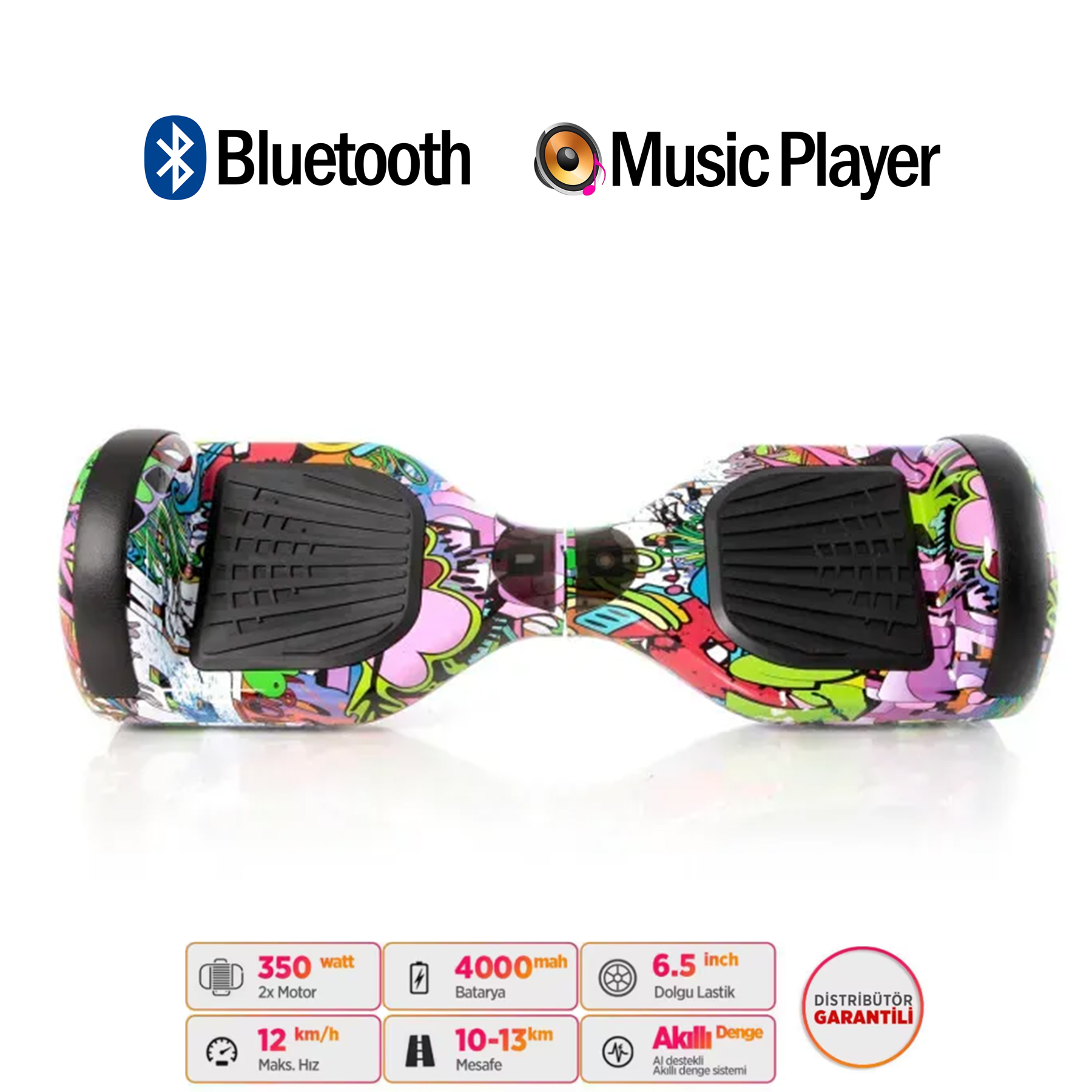 Bluetooth ve müzik çalar özellikli renkli hoverboard, aşağıda listelenen özellikler.
