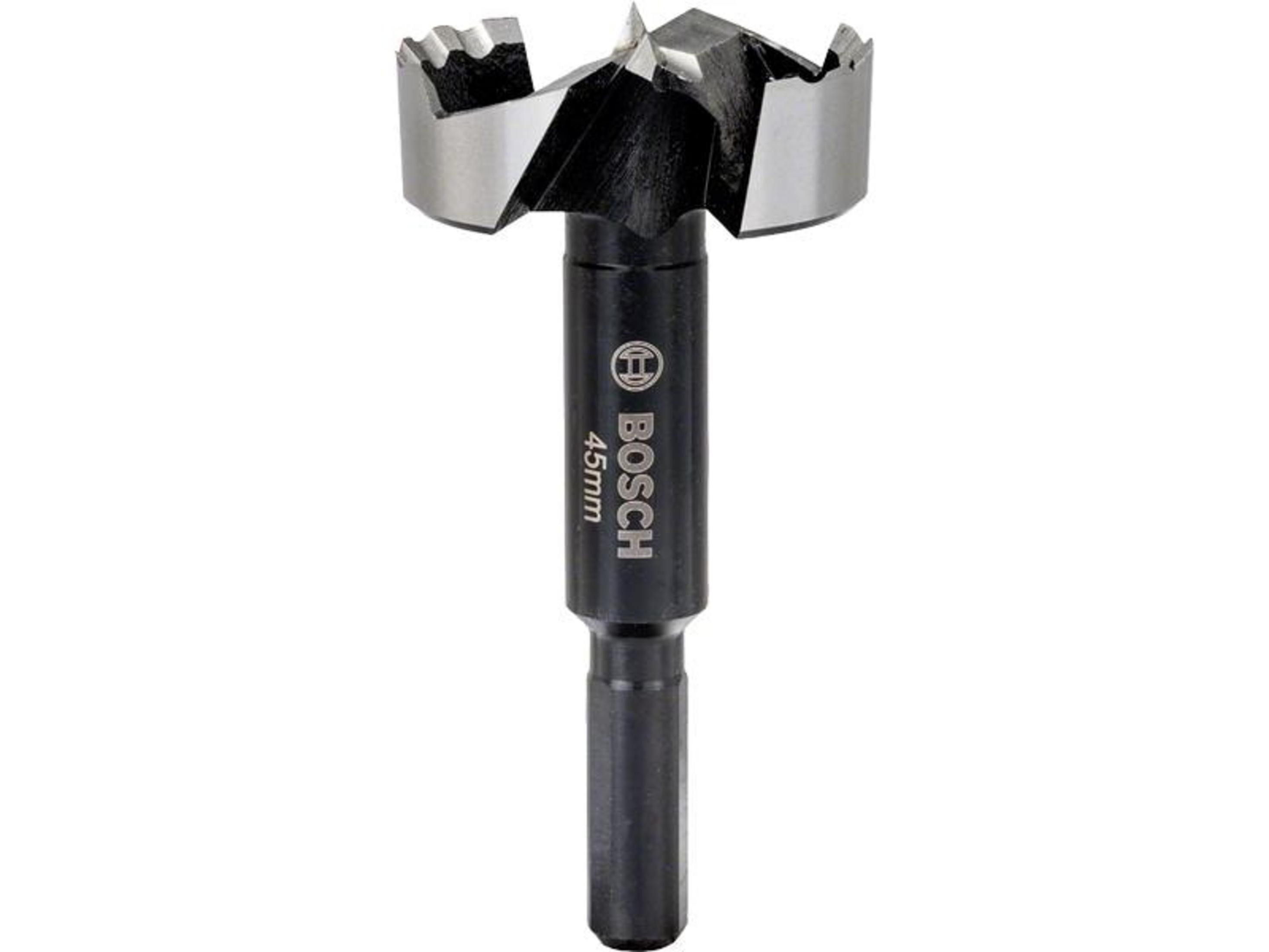 Una punta Forstner Bosch da 45 mm con taglienti argentati e codolo nero.