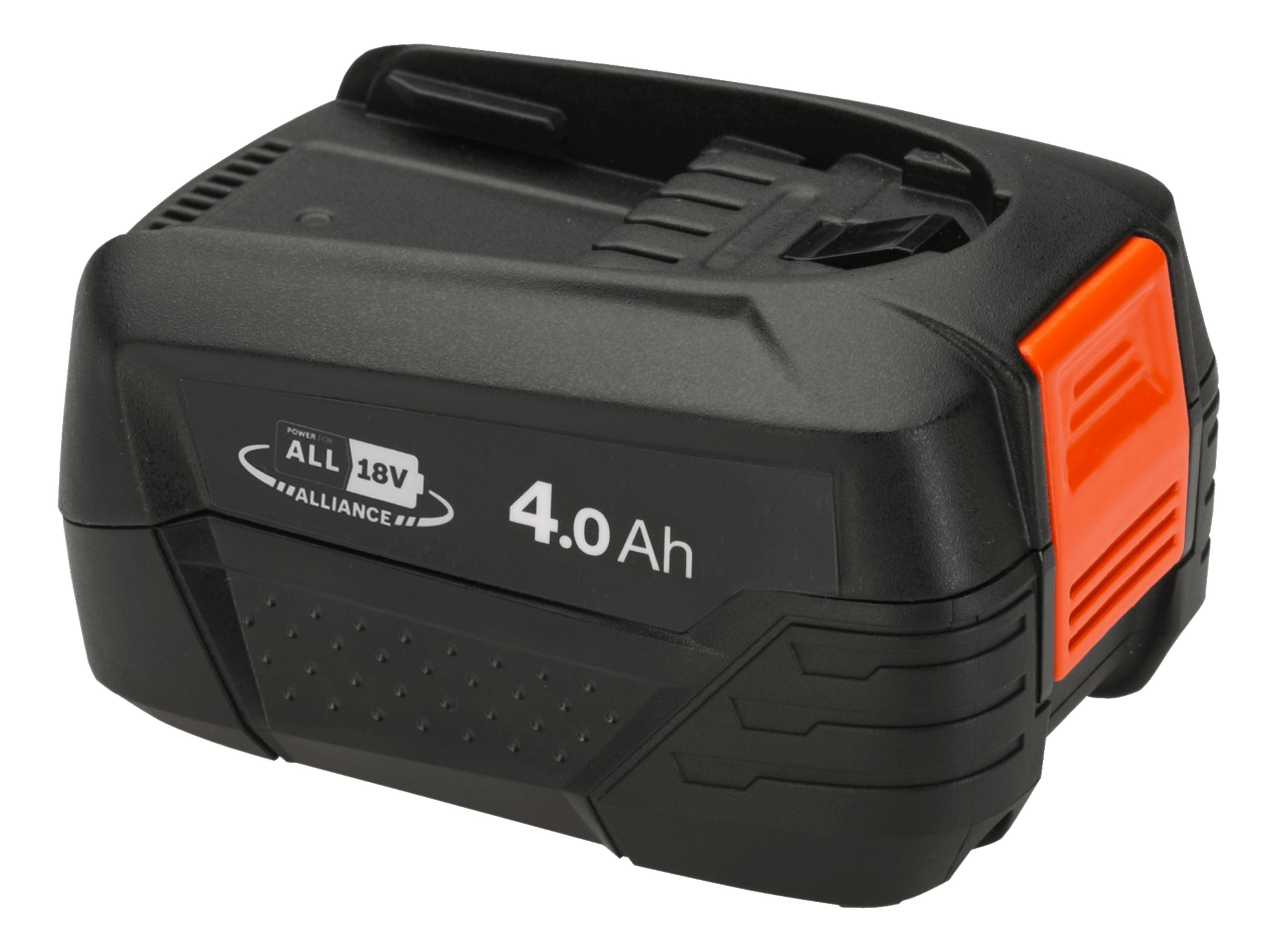 Batteria nera 18V 4.0Ah con accenti arancioni e fessure di ventilazione.