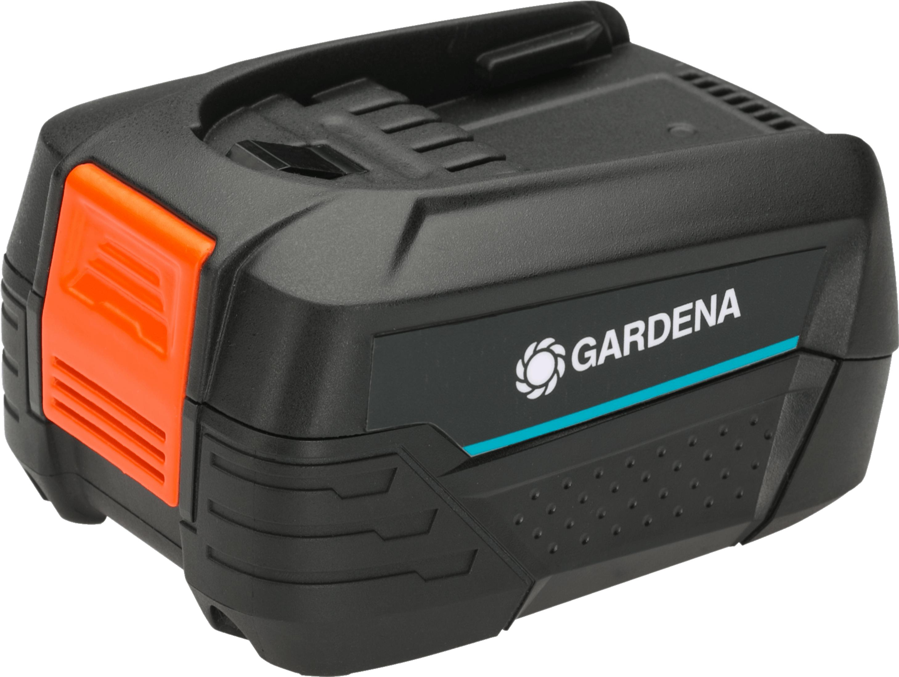 Batteria Gardena nera con pulsante di sgancio arancione e dettagli blu.