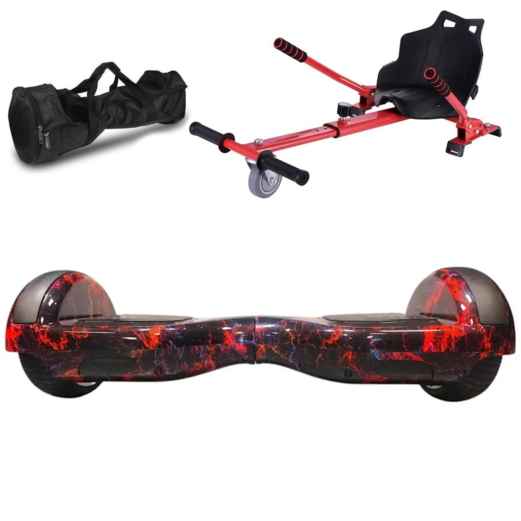 Kırmızı go-kart aparatlı ve siyah taşıma çantalı hoverboard.