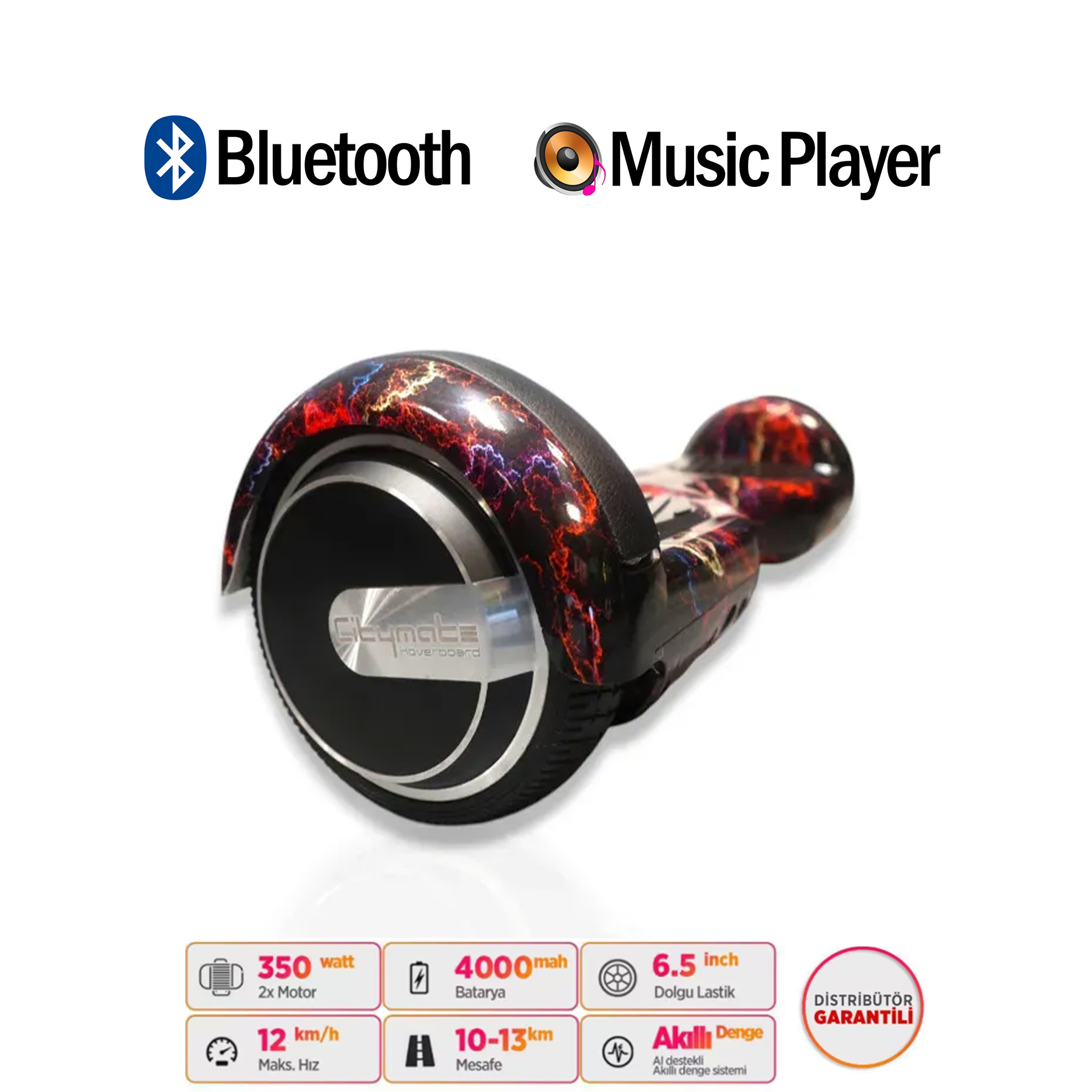 Renkli şimşek desenli, Bluetooth ve müzik çalarlı hoverboard.