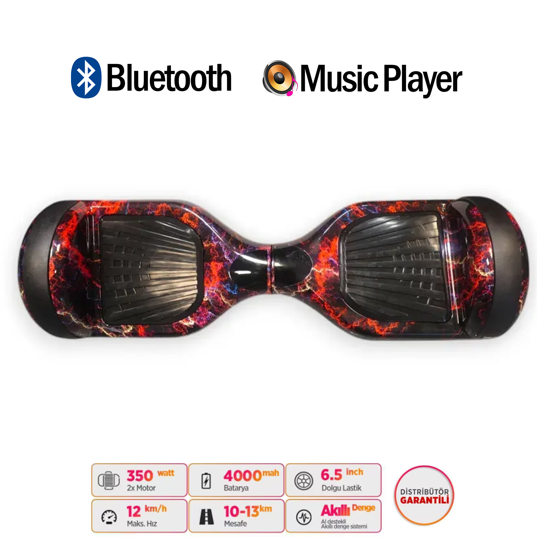 Kırmızı ve mavi şimşek desenli siyah hoverboard, Bluetooth müzik.