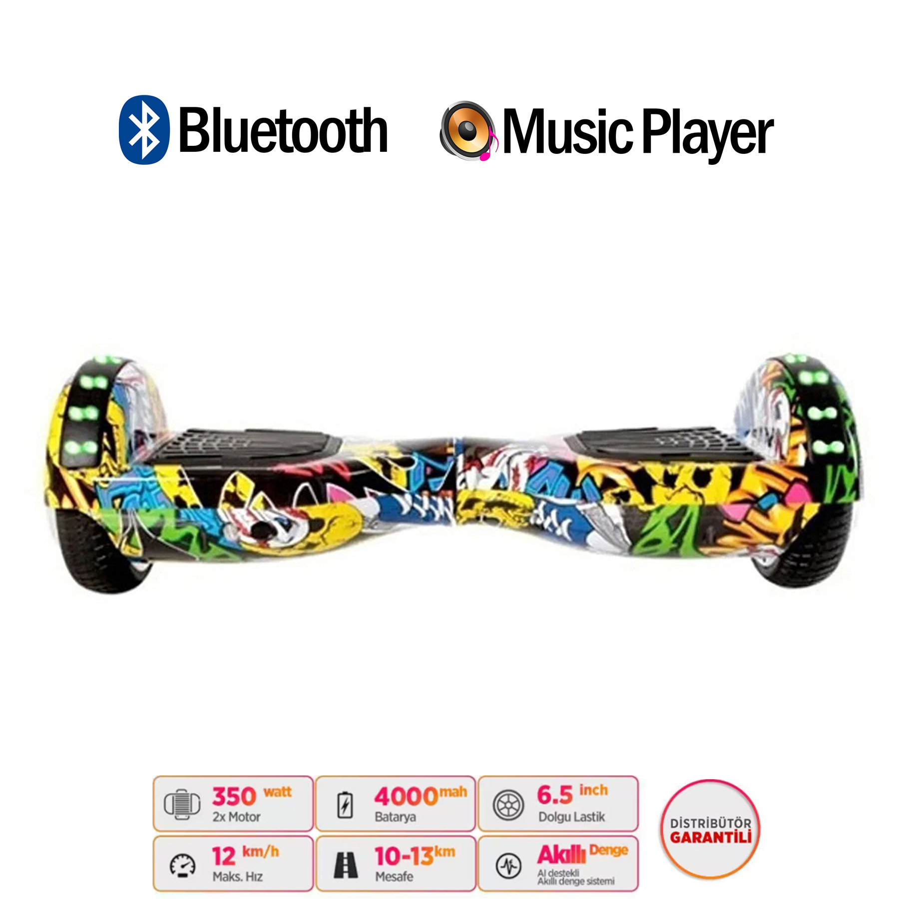 Bluetooth ve müzik çalar özellikli, rengarenk bir hoverboard.