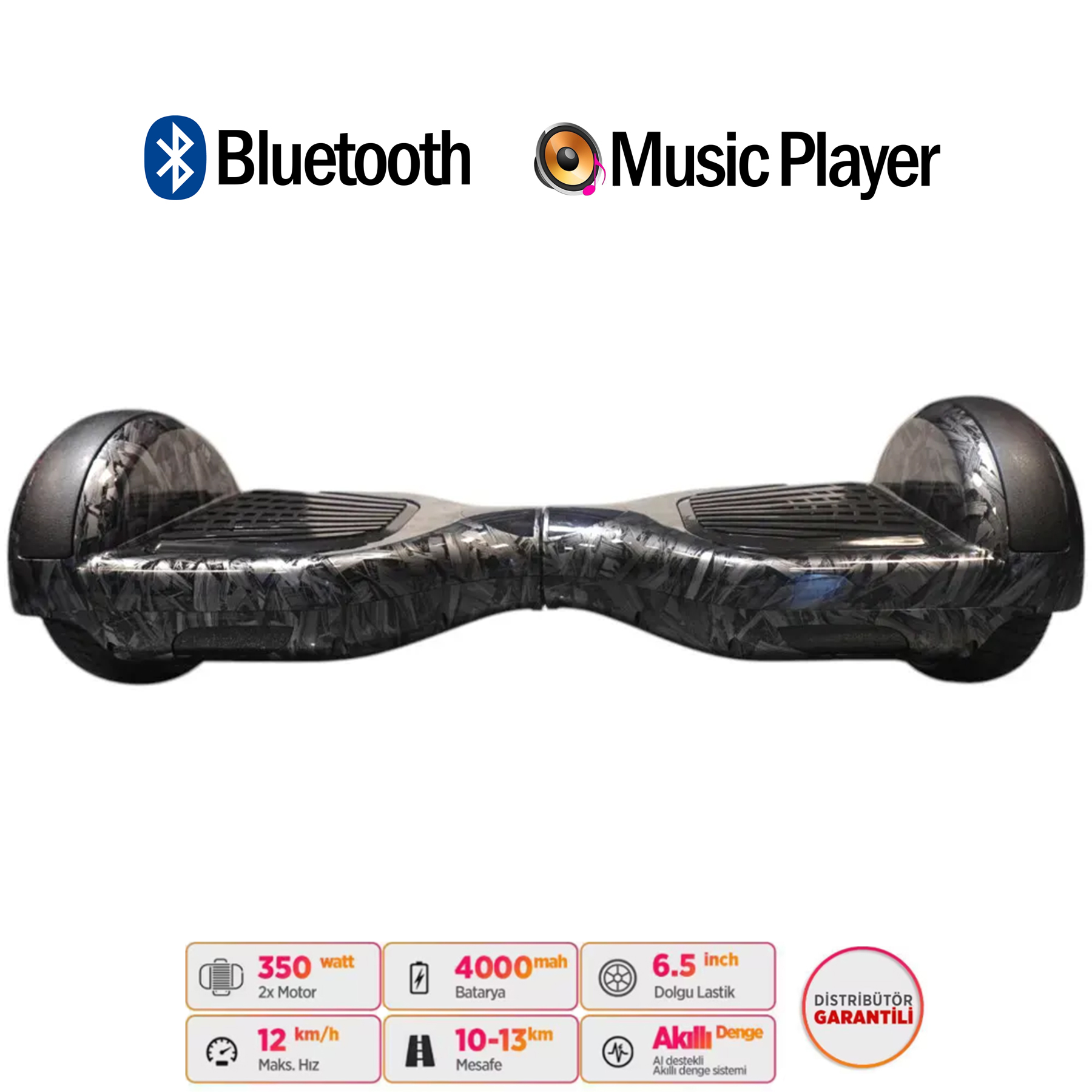 Gri desenli siyah hoverboard, Bluetooth ve müzik çalar simgeleri.