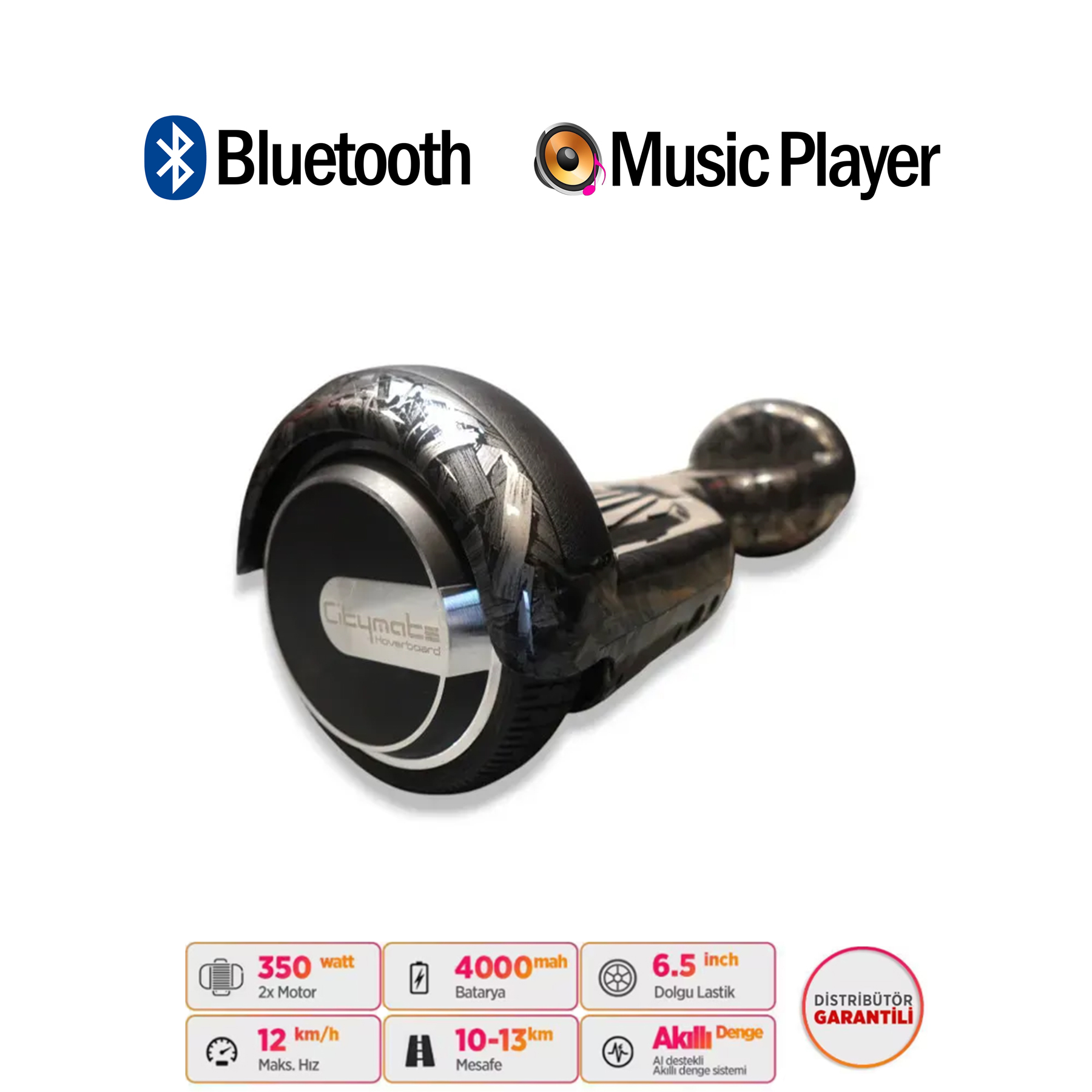Gümüş detaylı siyah hoverboard, Bluetooth ve müzik çalar simgeleri.